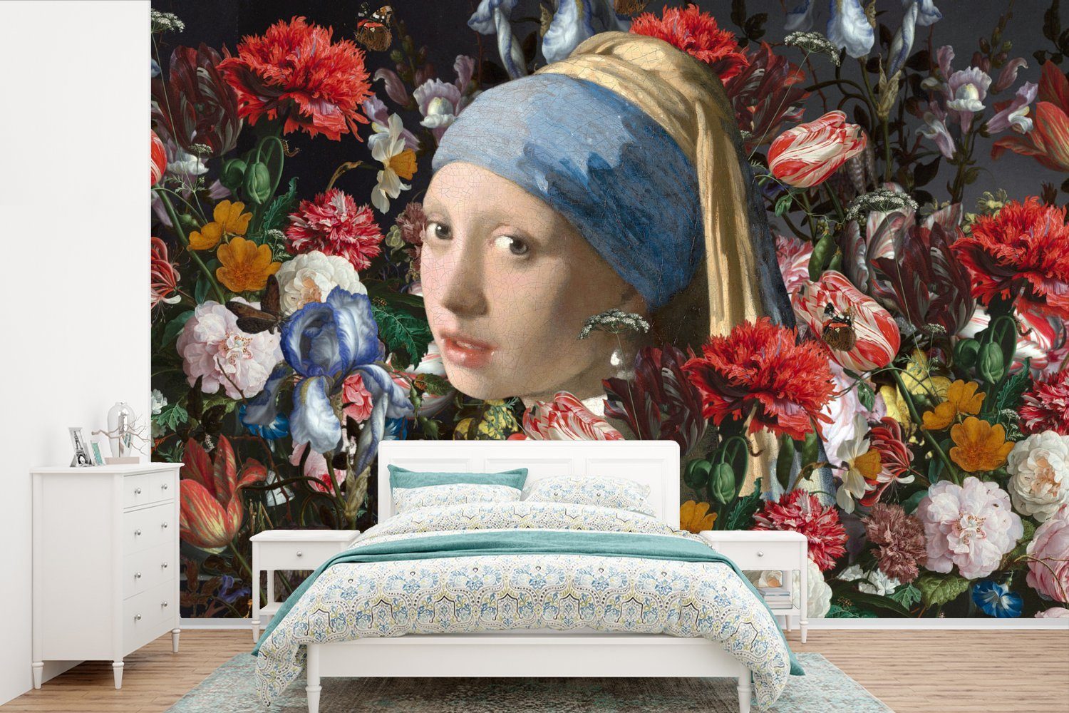 MuchoWow Fototapete Das Mädchen mit dem Perlenohrring - Johannes Vermeer - Blumen, Matt, bedruckt, (6 St), Wallpaper für Wohnzimmer, Schlafzimmer, Kinderzimmer, Vinyl Tapete