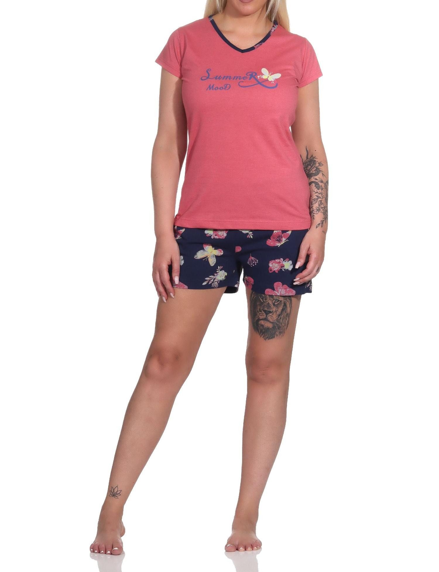 Pyjama Damen kurzarm Shorty Schlafanzug mit Schmetterling als Motiv