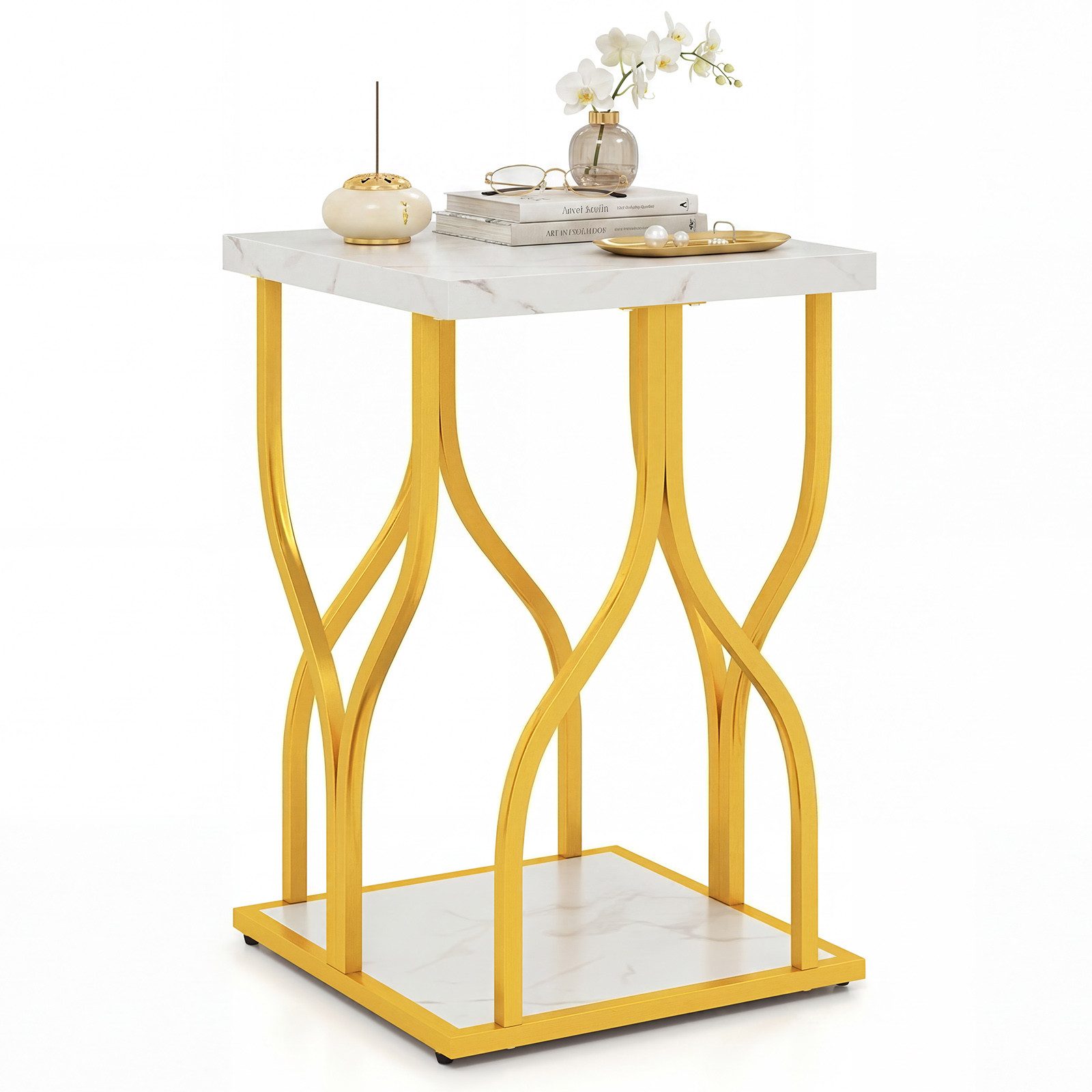 COSTWAY Beistelltisch, Nachttisch quadratisch Marmor-Optik gold 39,5x39,5x59,5cm