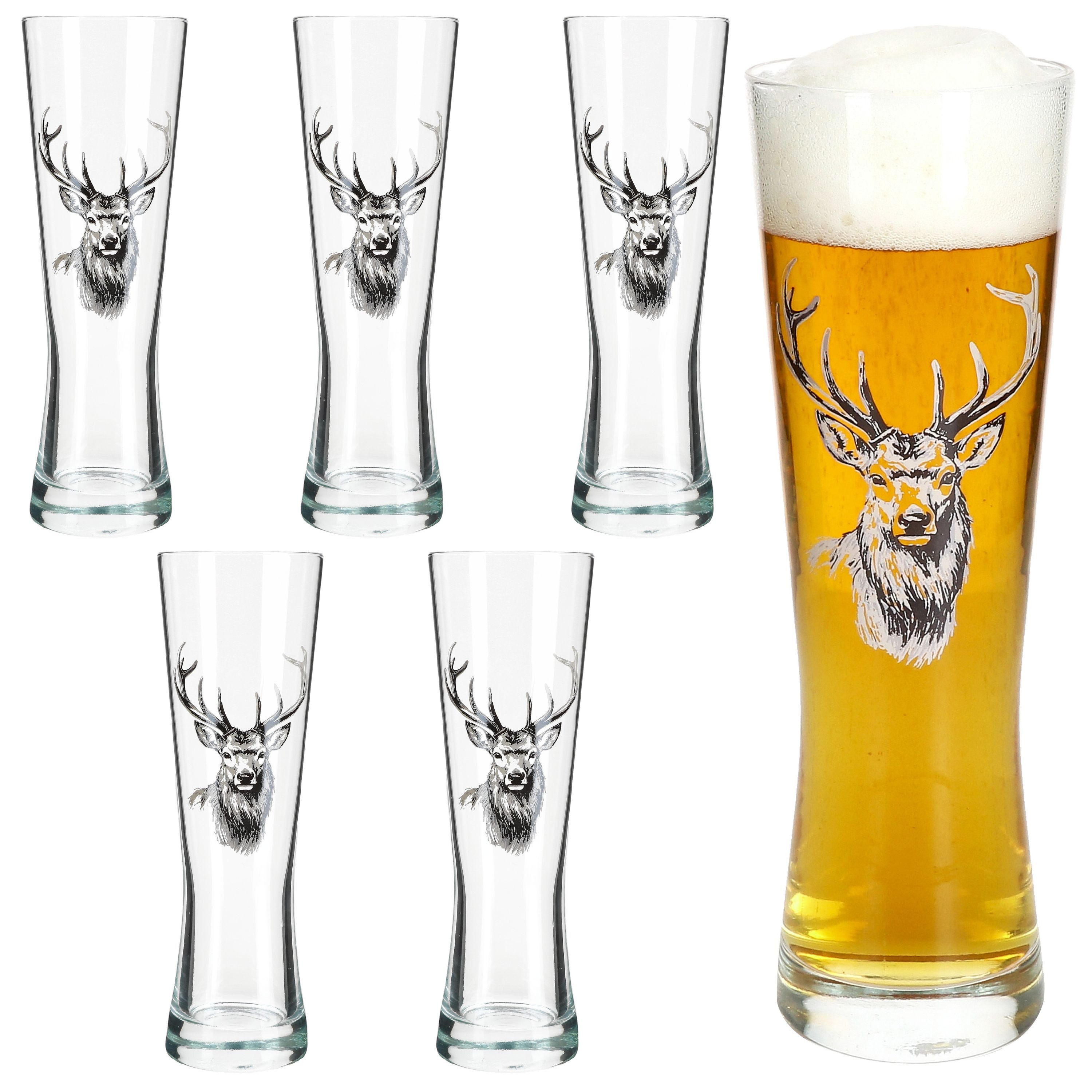 MamboCat Bierglas Alois 6er Set Weizenglas 0,5 L Hirschmotiv Geschenkverpackung, Glas