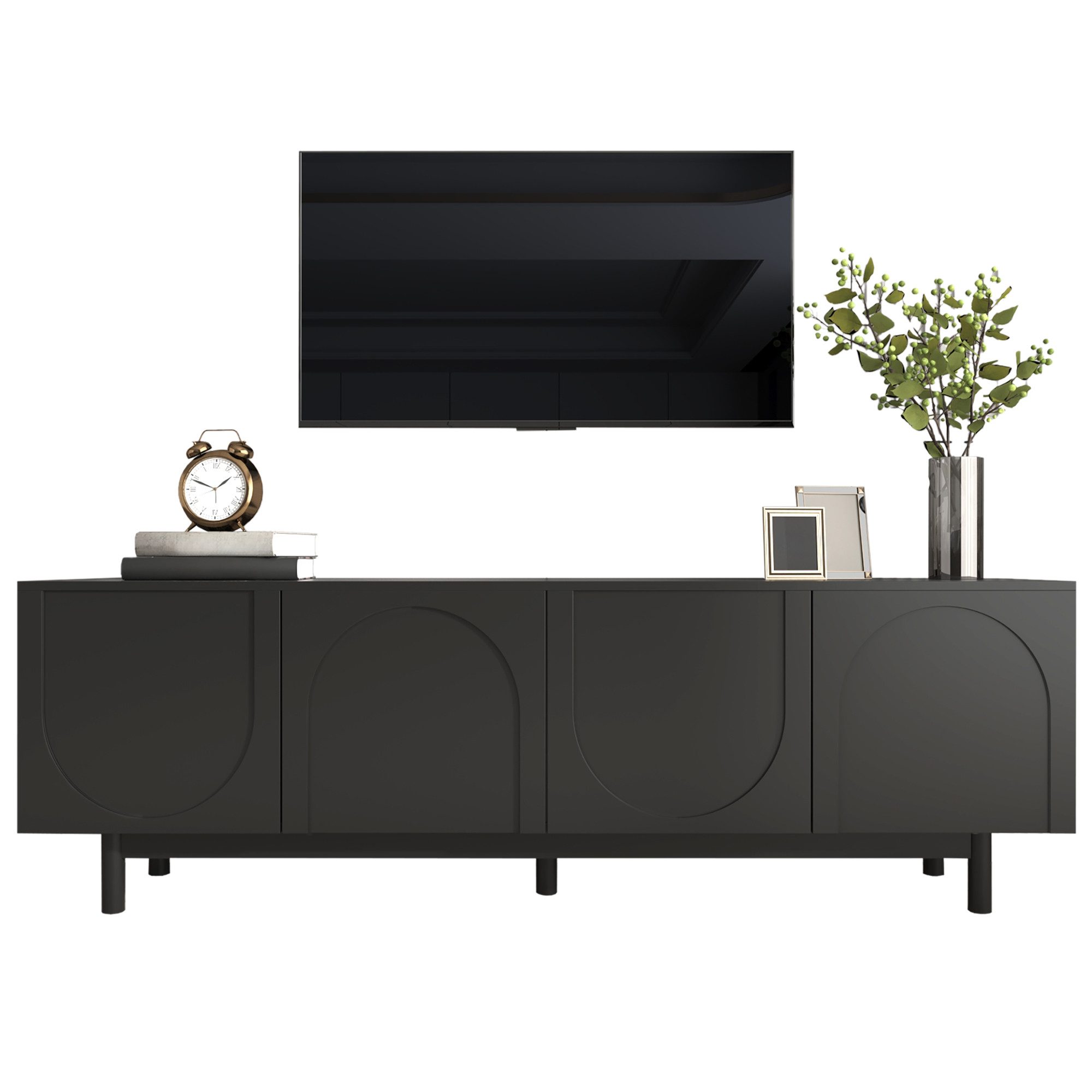 BlingBin Lowboard Moderner TV-Schrank, TV-Board, Fernsehtisch mit 4-türiges (Fernsehschrank mit Verstellbare Einlegeplatten, 1 St., Gesamtabmessungen: 175*38*56cm, Produktladung: 50KG), Leichte Lowboard-TV-Möbel im Luxusstil, Spanplatte, Schwarz