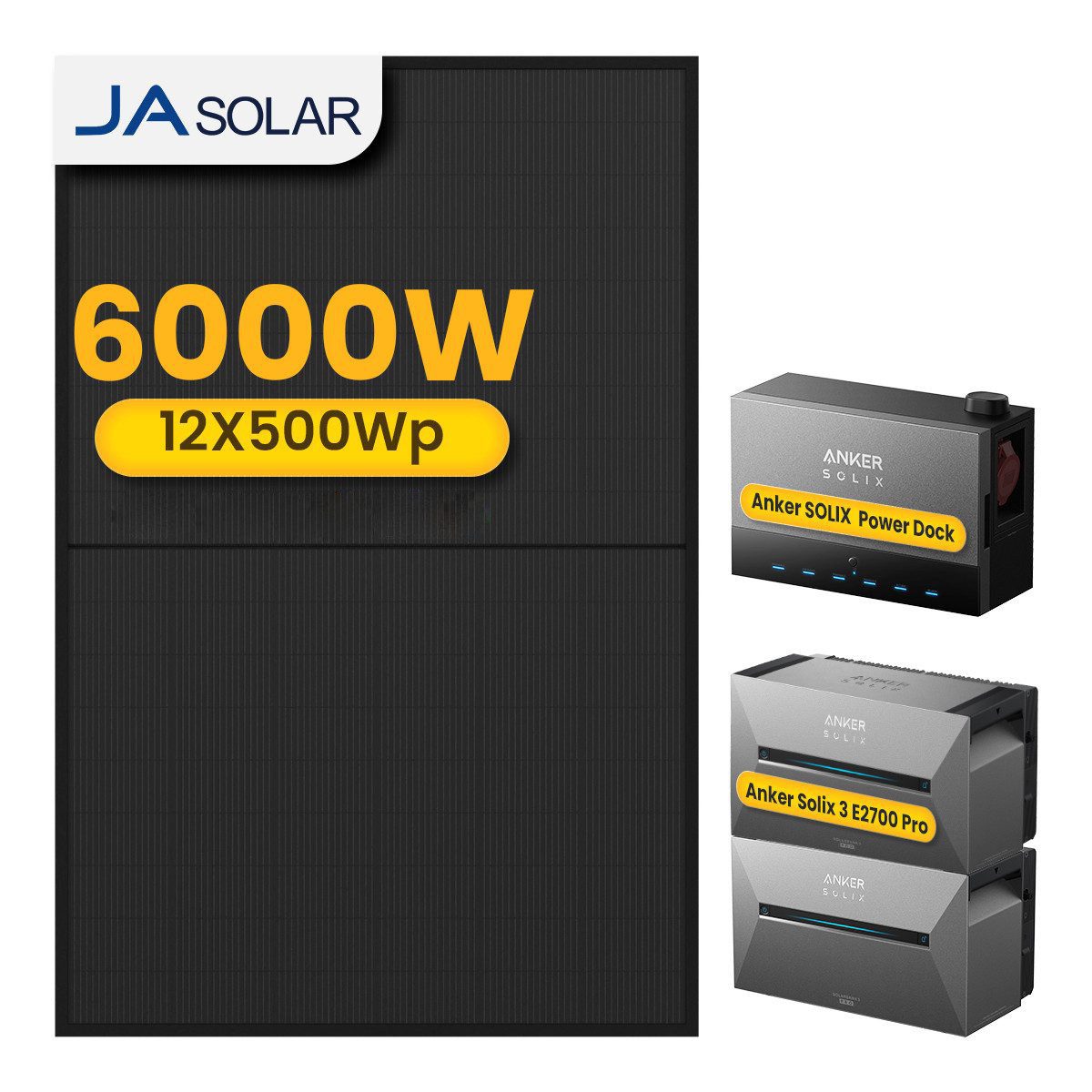 Anker Balkonkraftwerk 6000W Anker SOLIX Solarbank Power Dock mit Solarbank 3 Pro Speicher, (Power Dock und 12x 500Wp Solarmodule im Lieferumfang enthalten), Speicher mit integriertem Wechselrichter, All-in-One 2,68kWh Akku