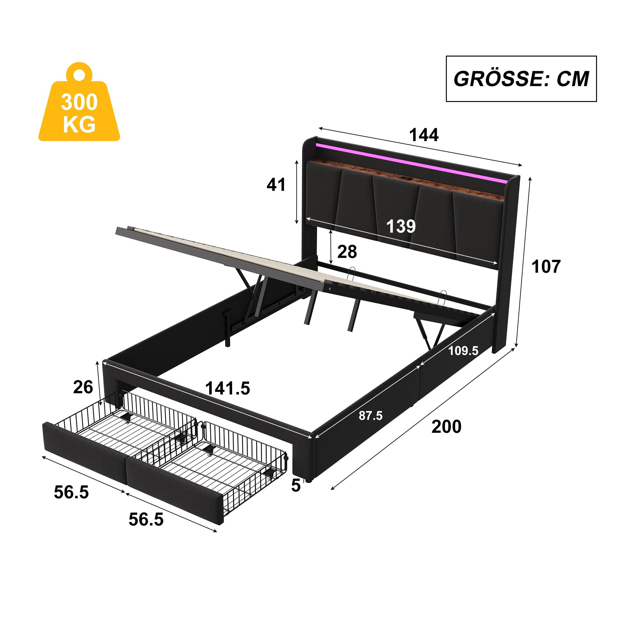 Gdood Polsterbett Stauraumbett LED Doppelbett (Mit 2 Schubladen, Hydraulisch anhebbarer Bettstauraum), Mit LED-Beleuchtung, Kopfteil mit Ladebuchse, Leinen, 140 – Bild 5 von 5