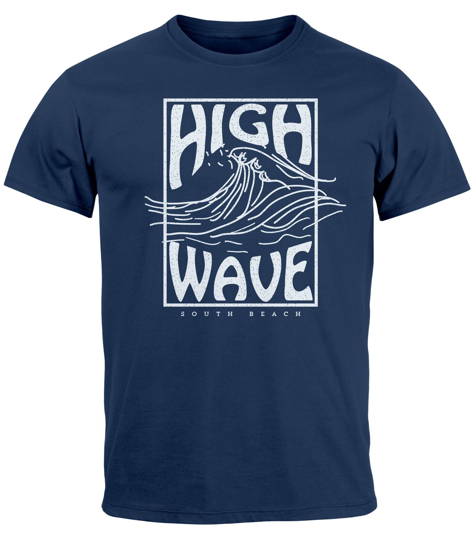 Print-Shirt Herren T-Shirt High Wave Welle Schrift Line Art Logo Surfing Aufdruck