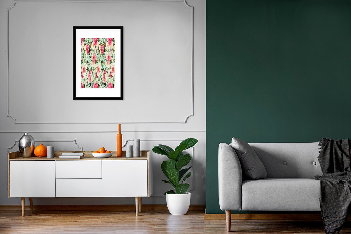 Schwarzem - Schmetterling, Blumen - Rahmen, Kunstdruck, St), Poster Bilderrahmen - Poster, Lilie Gerahmtes mit Rosa (1 MuchoWow