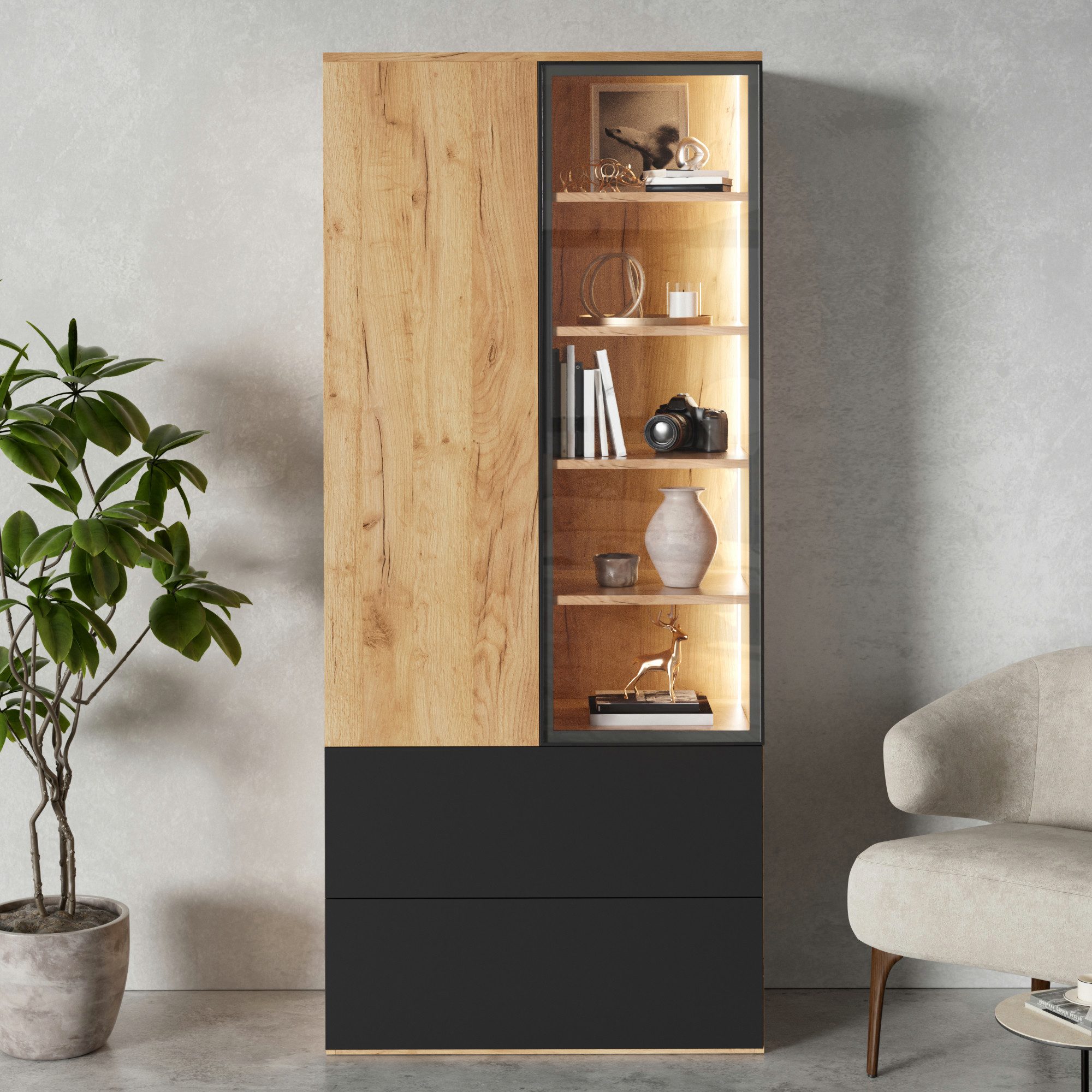 Flieks Glasvitrine Hochschrank mit LED-Beleuchtung, Glastüren, 2 Schubladen Landhausstil (70x35x160 cm, 1-St., Multifunktionsschrank mit 6 verstellbaren Einlegeböden) Mehrzweckschrank Bücherregal Standvitrine Holzoptik Natur&Schwarz