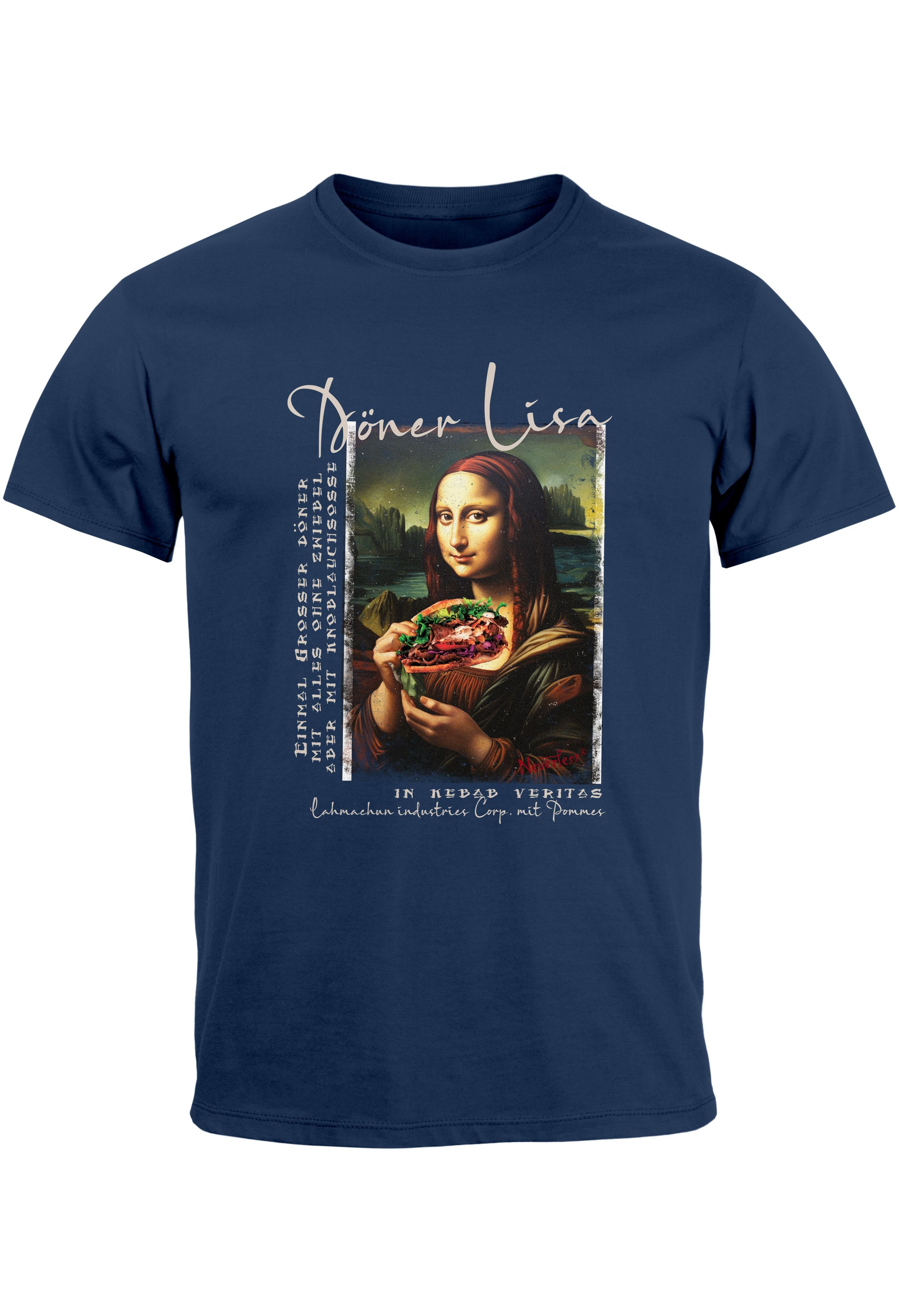 MoonWorks Print-Shirt Herren T-Shirt Print Aufdruck Mona Lisa Parodie Meme Kapuzen-Pullover mit Print Döner Lisa navy