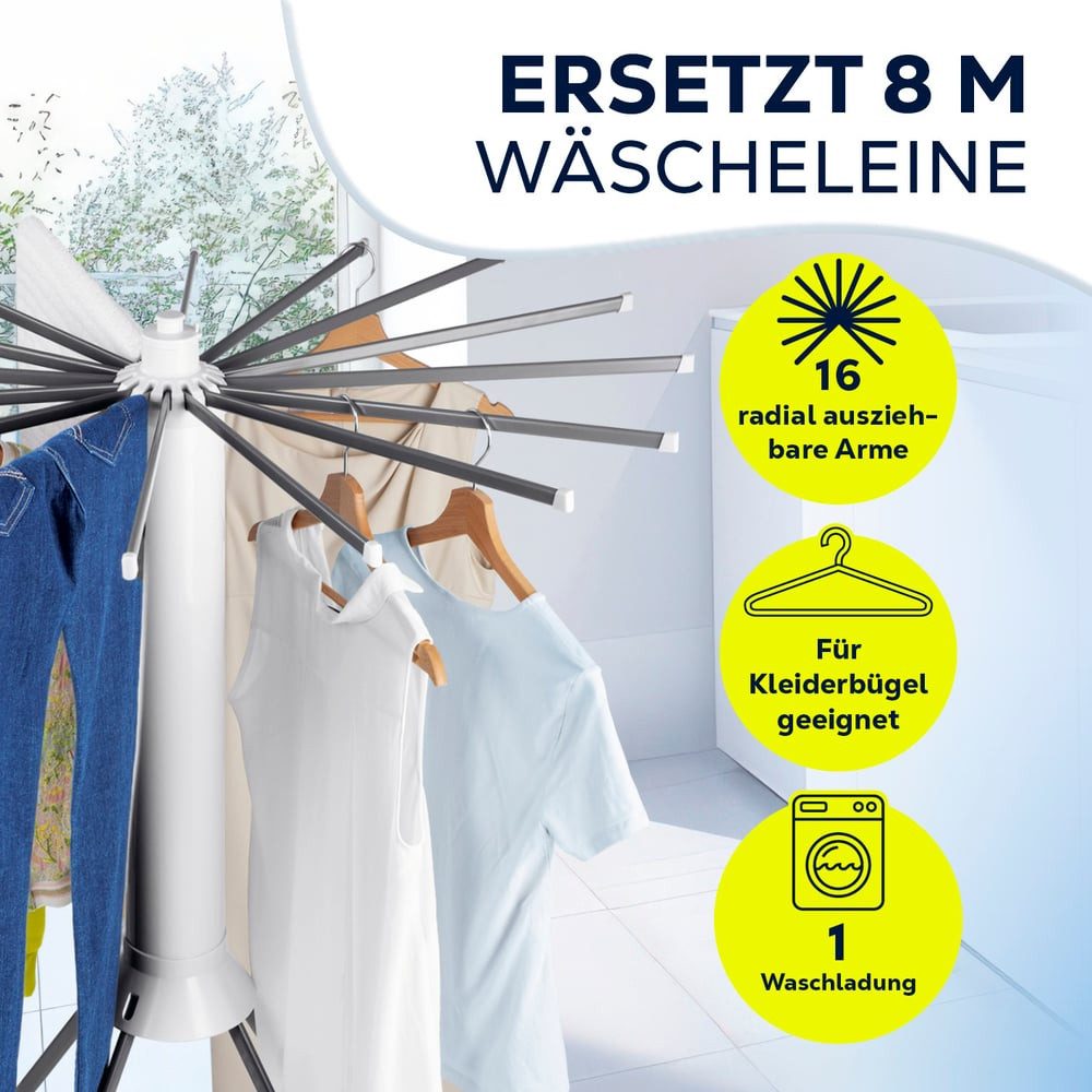 EASYmaxx Wäscheständer Platzwunder 800 – zusammenklappbarer Wäscheständer, 16 Armen, Platzsparend & stabil mit 4-Fuß-Stativ – Bild 5 von 5