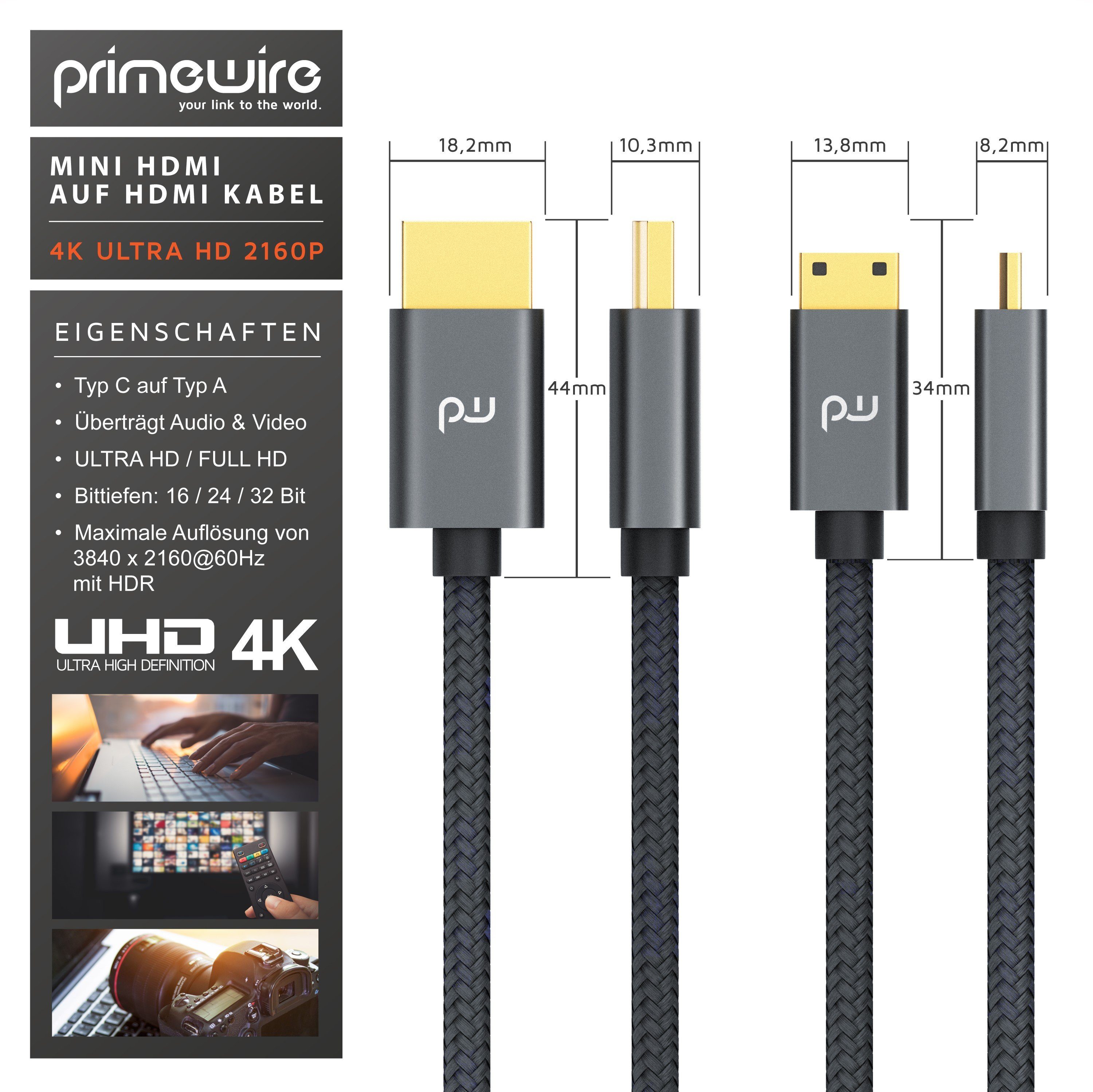 Primewire HDMI-Kabel, HDMI Typ C (Mini), HDMI Typ A (150 cm), 4K HDMI auf Mini HDMI Adapterkabel 3840 x 2160 @ 60 Hz - 1,5m