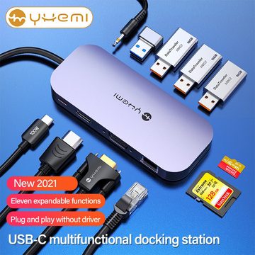 YHEMI 11-in-1 Typ-c Docking Station USB-C zu HDMI/VGA Splitter 4K Adapter USB-Adapter