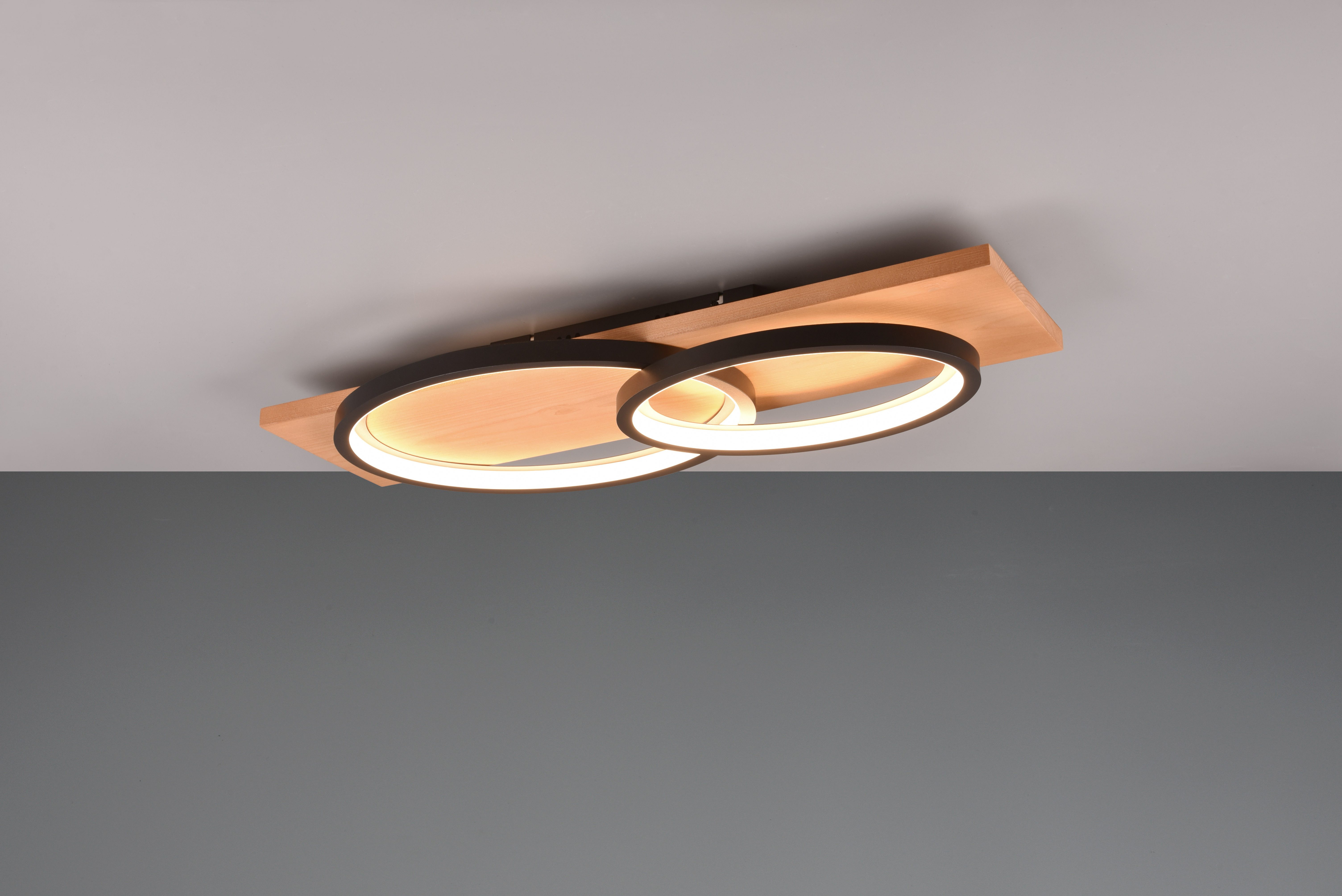 TRIO Leuchten LED Deckenleuchte BARCA, dimmbare Deckenlampe aus Holz & Metall mit indirektem Licht, Dimmfunktion, mehrere Helligkeitsstufen, LED fest integriert, Warmweiß, LED warmweiß & 3500 Lumen, für Wand- und Deckenmontage, 3 Dimmstufen