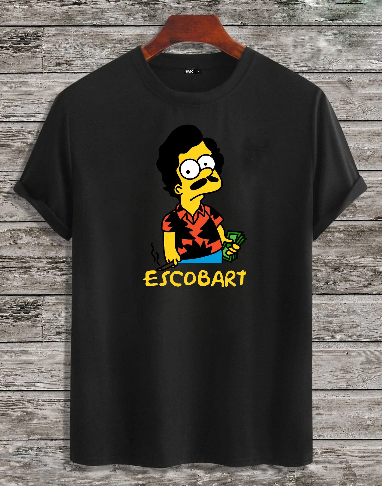 RMK T-Shirt Basic Shirt Freizeit Rundhals Mafia Gangster Escobar Bart in Unifarbe, aus Baumwolle, mit lizenzierstem Print Schwarz
