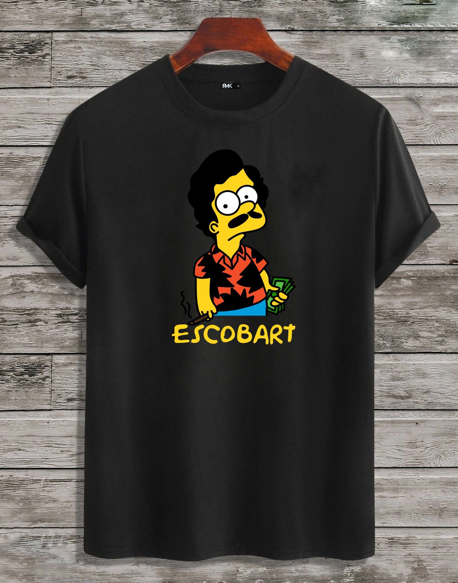 mit Freizeit Gangster Escobar aus T-Shirt Schwarz Basic Unifarbe, Baumwolle, Shirt Bart Rundhals Print Mafia lizenzierstem in RMK