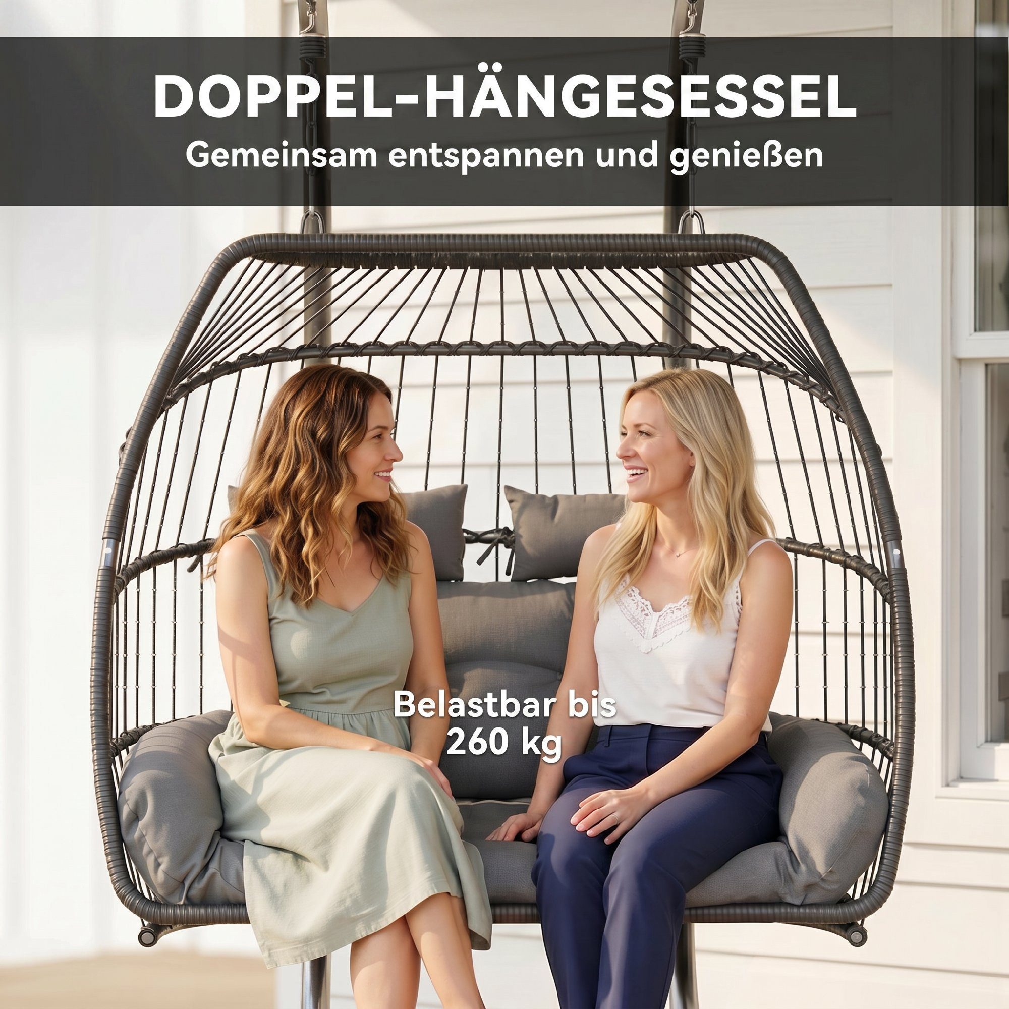 Outsunny Schaukelstuhl Hängekorb mit Kissen Polyrattan Ergonomisch Hängeschaukel (faltbar Hängesessel mit Gestell, 1 St), belastbar bis 260kg, für Balkon, Terra – Bild 4 von 5