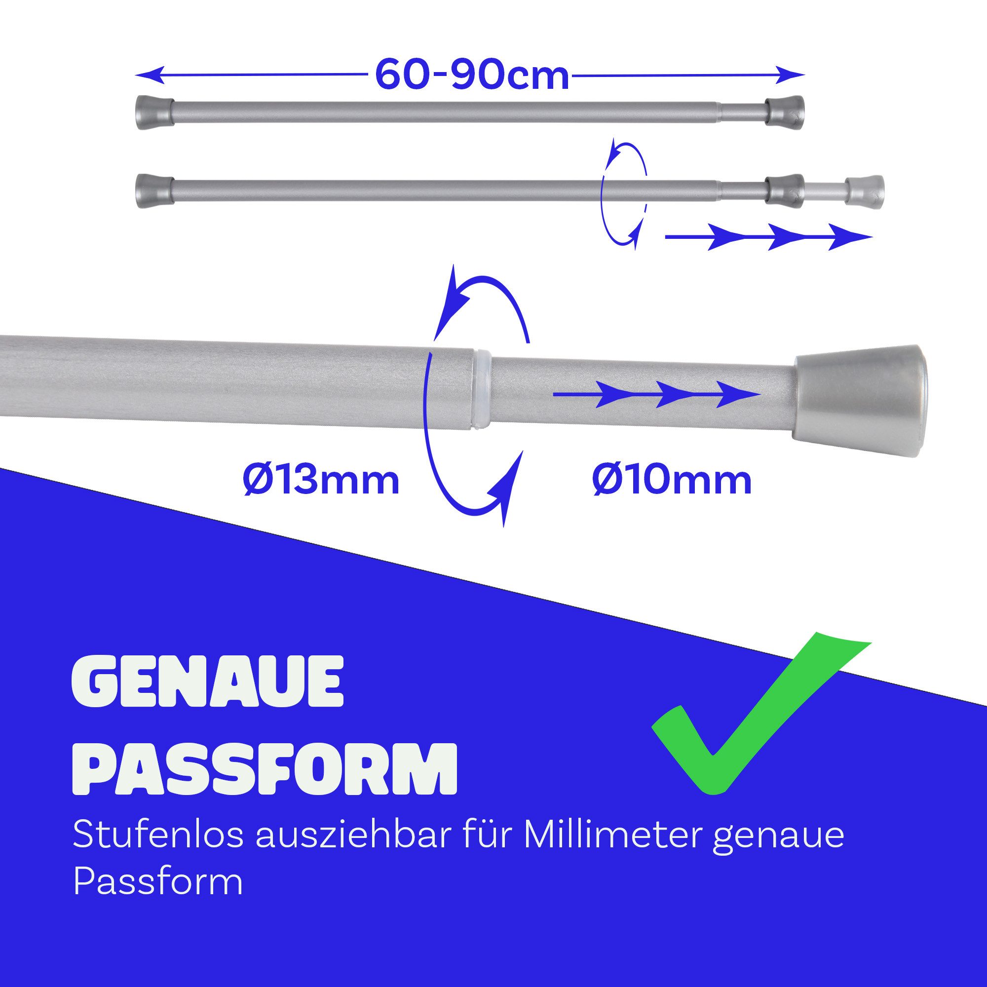 Bestlivings Spannstange ohne Bohren, Ø 13 mm, 1-läufig, ausdrehbar, klemmen, geklemmt, Metall, Ø10/13mm, Material Stange: Metall, Endstück: Kunststoff (Antirutsch)