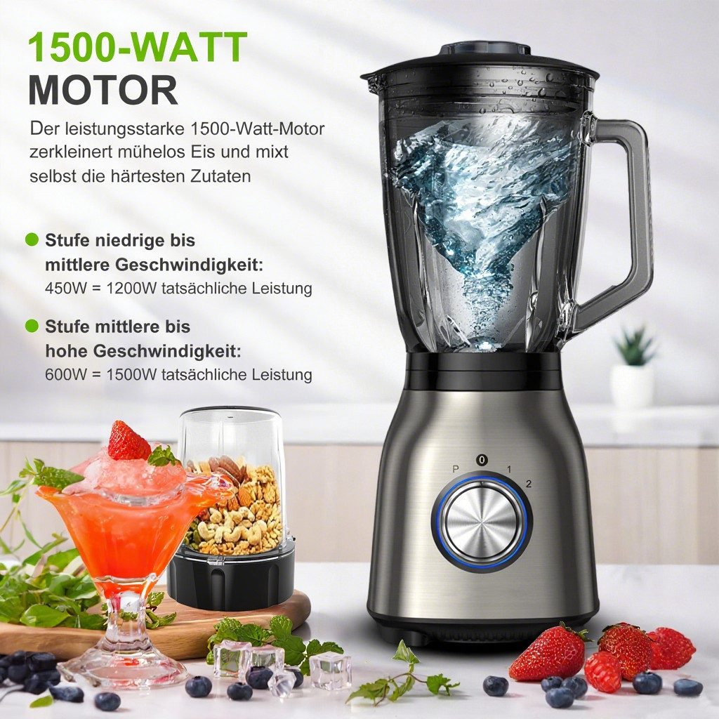 Forrlite Standmixer Standmixer Mixer Smoothie Maker für Püree,Ice Crush,Shakes,VitaBoost, 1500 W, 2 Ebenen, Edelstahl,1,5L Glasaufsatz,Tragbare Tasse,Blender elektrisch