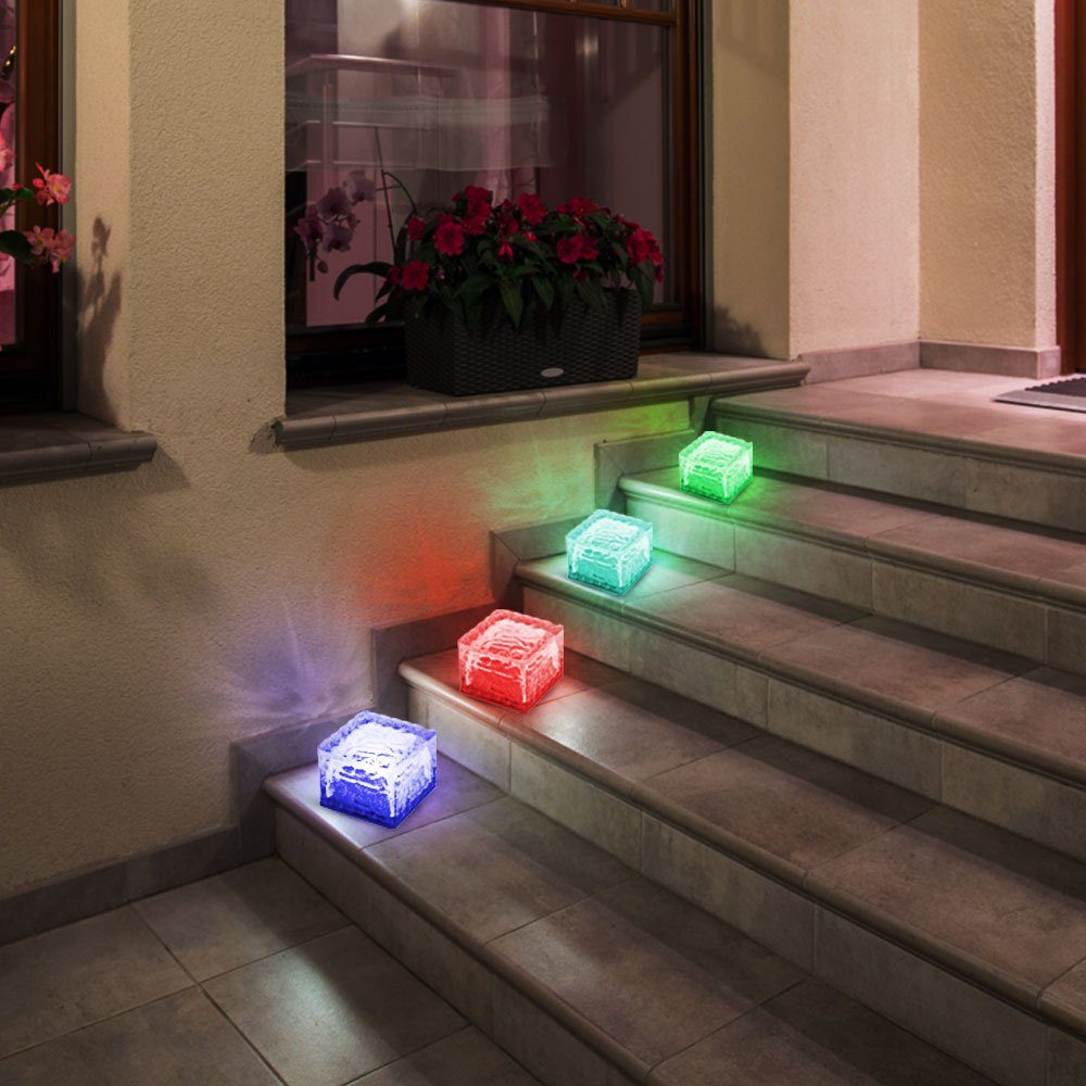 etc-shop Gartenleuchte, 4er Set RGB LED Solar Leuchten Steh Lampen Außen  Bereich Glas Stein Würfel Dekoration