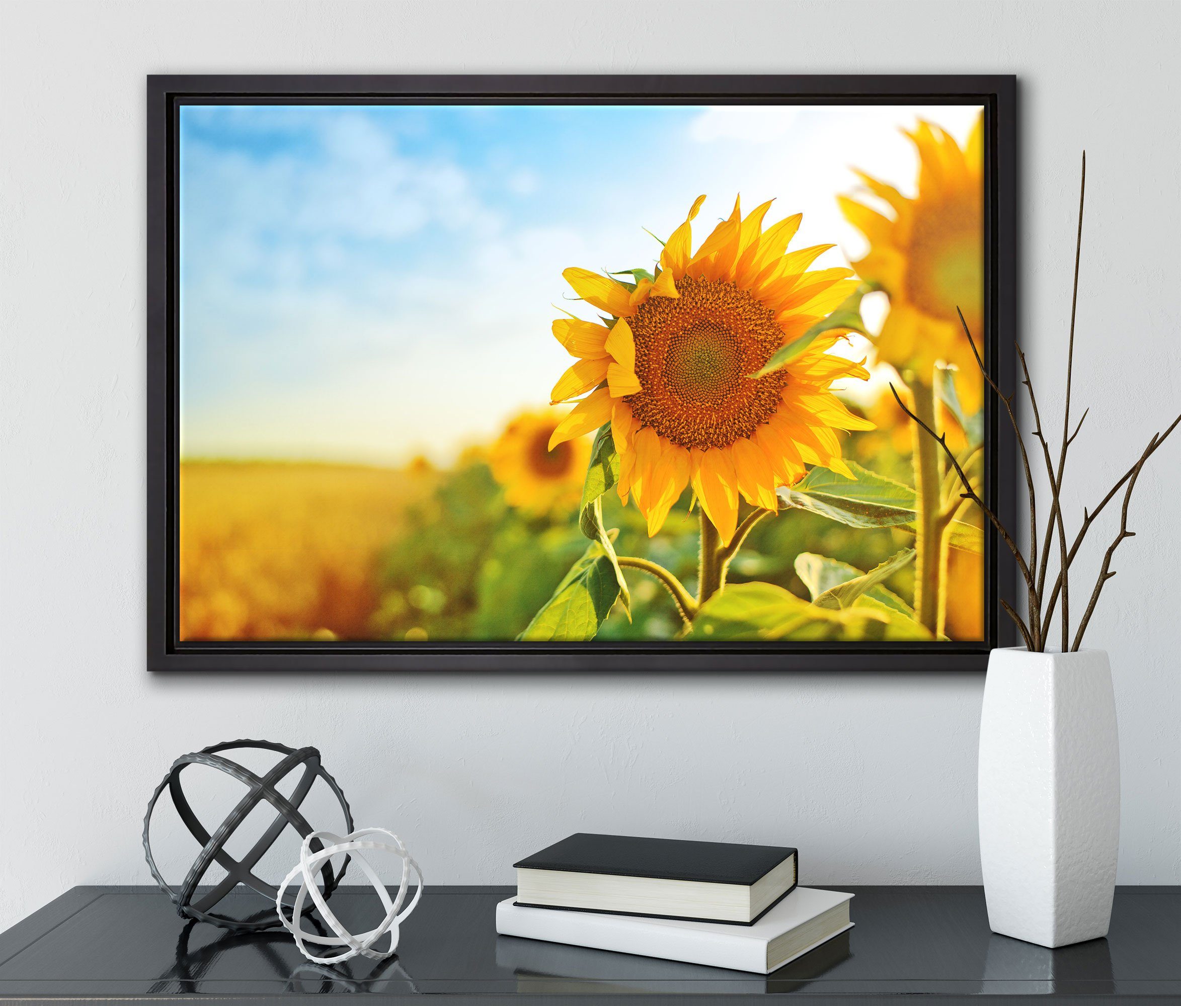 Pixxprint Leinwandbild Strahlendes gefasst, Zackenaufhänger Sonnenblumenfeld, Leinwandbild fertig Schattenfugen-Bilderrahmen St), inkl. Wanddekoration bespannt, einem in (1