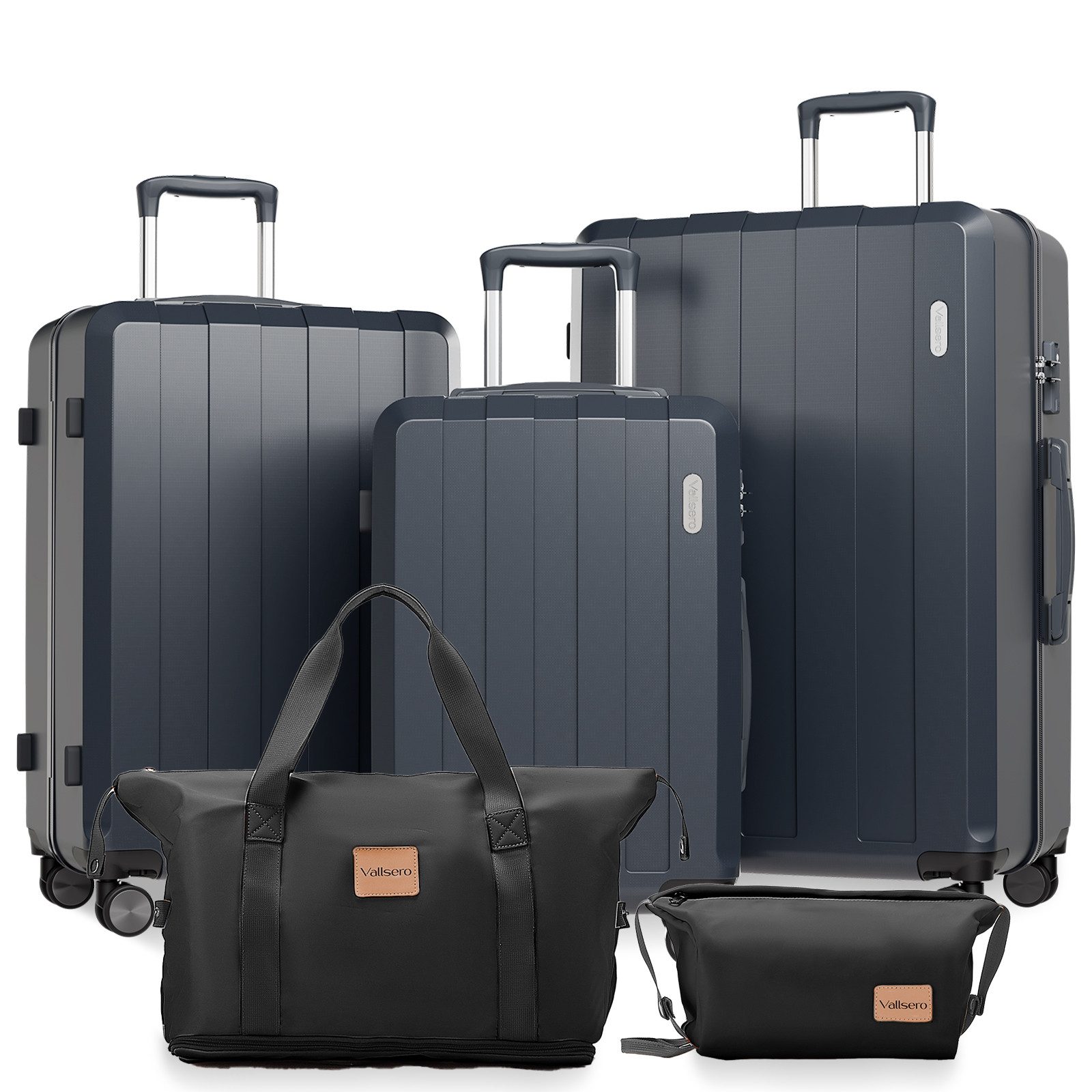 VALLSERO Trolleyset Koffer-Set( M,L,XL) Hartschalen-Koffer, Rollkoffer 5-teiliges Set, Handgepäck 4 Rollen, ABS-Material, Schwarz/Pink