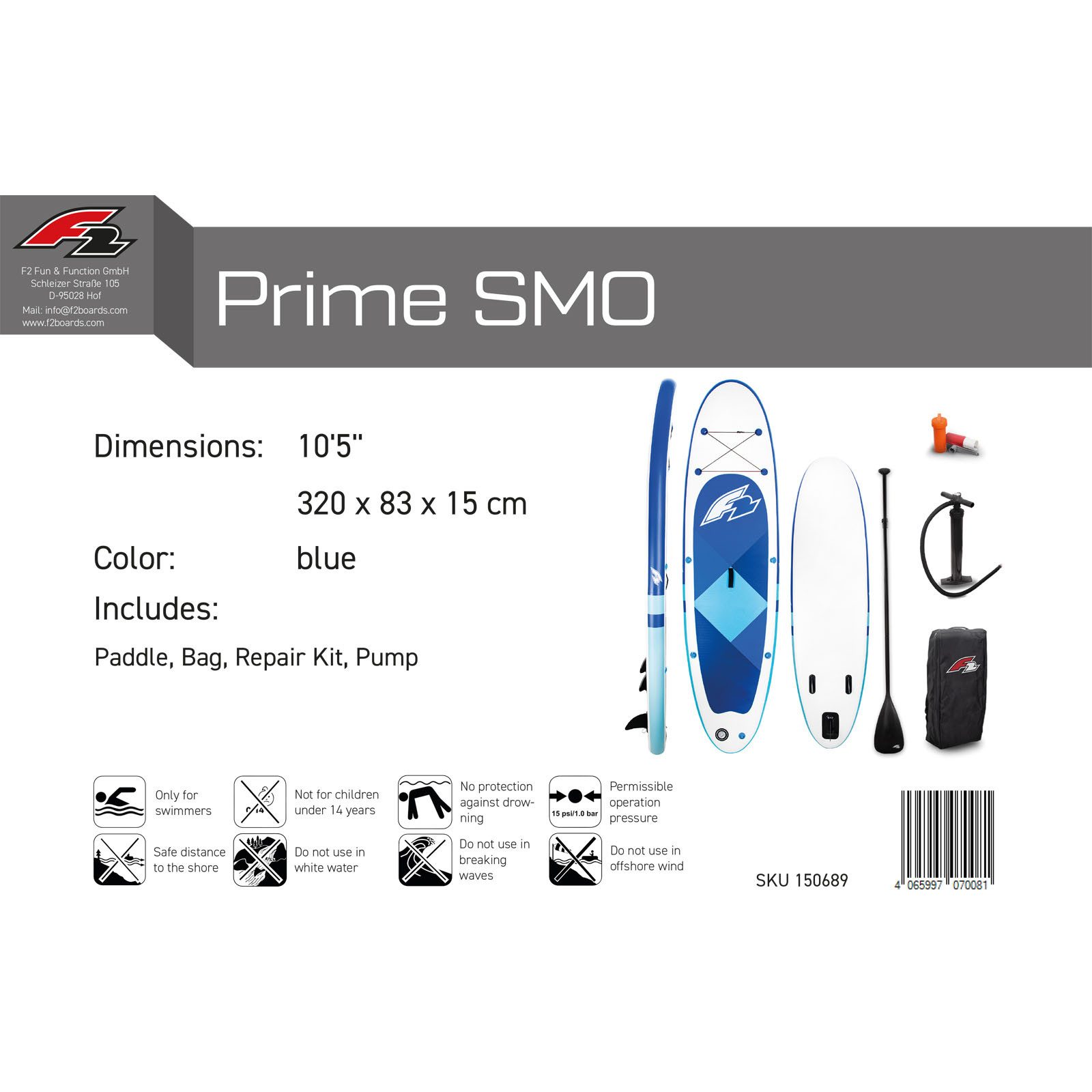 F2 SUP-Board F2 Stand Up Paddling Board Prime SUP Stand Up Paddle 10,5' Weiß - Leic