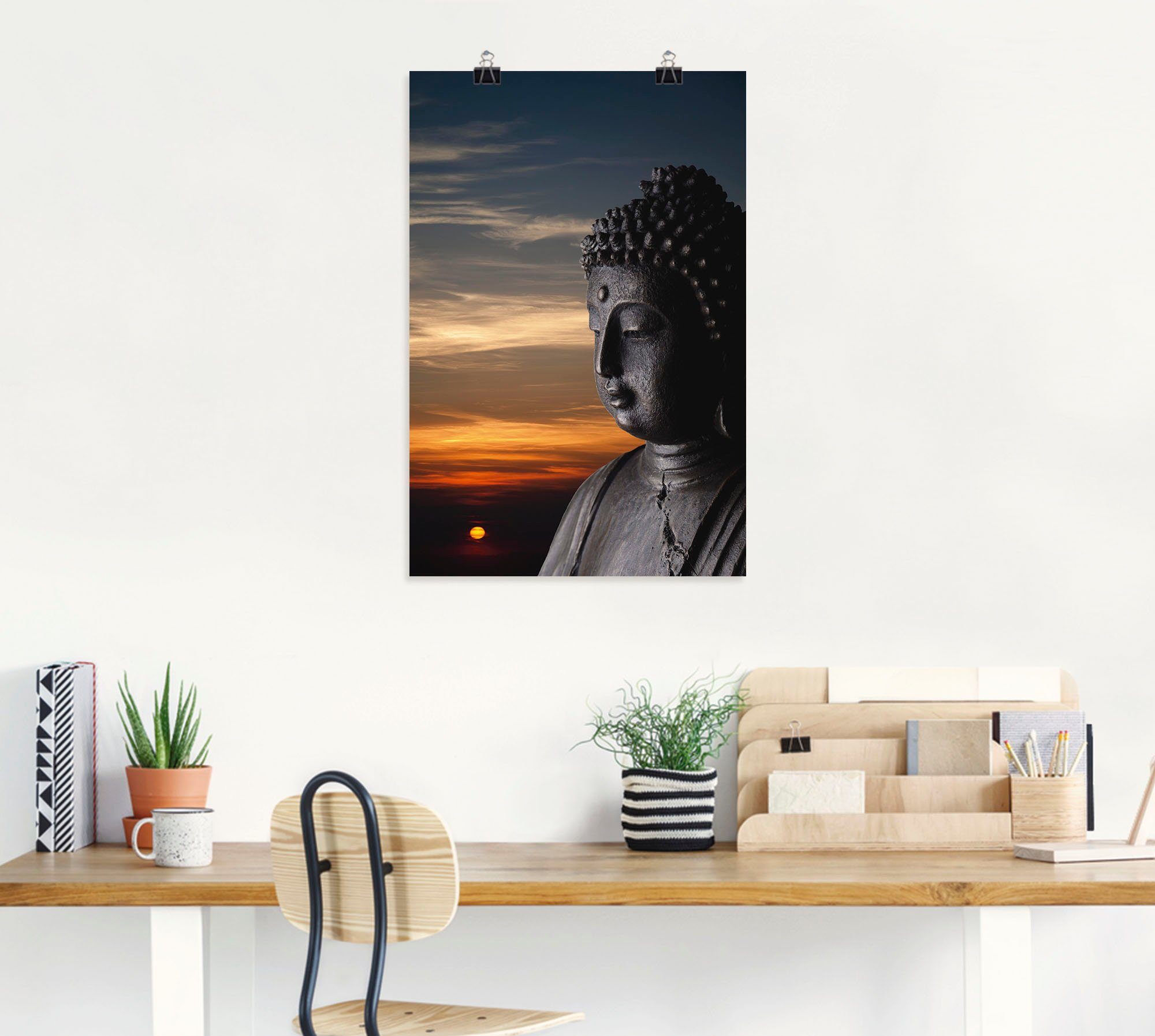 versch. als Statue Leinwandbild, Wandbild Wandaufkleber in Artland oder Buddha Buddhismus Poster vor Größen Sonnenuntergang, St), Alubild, (1