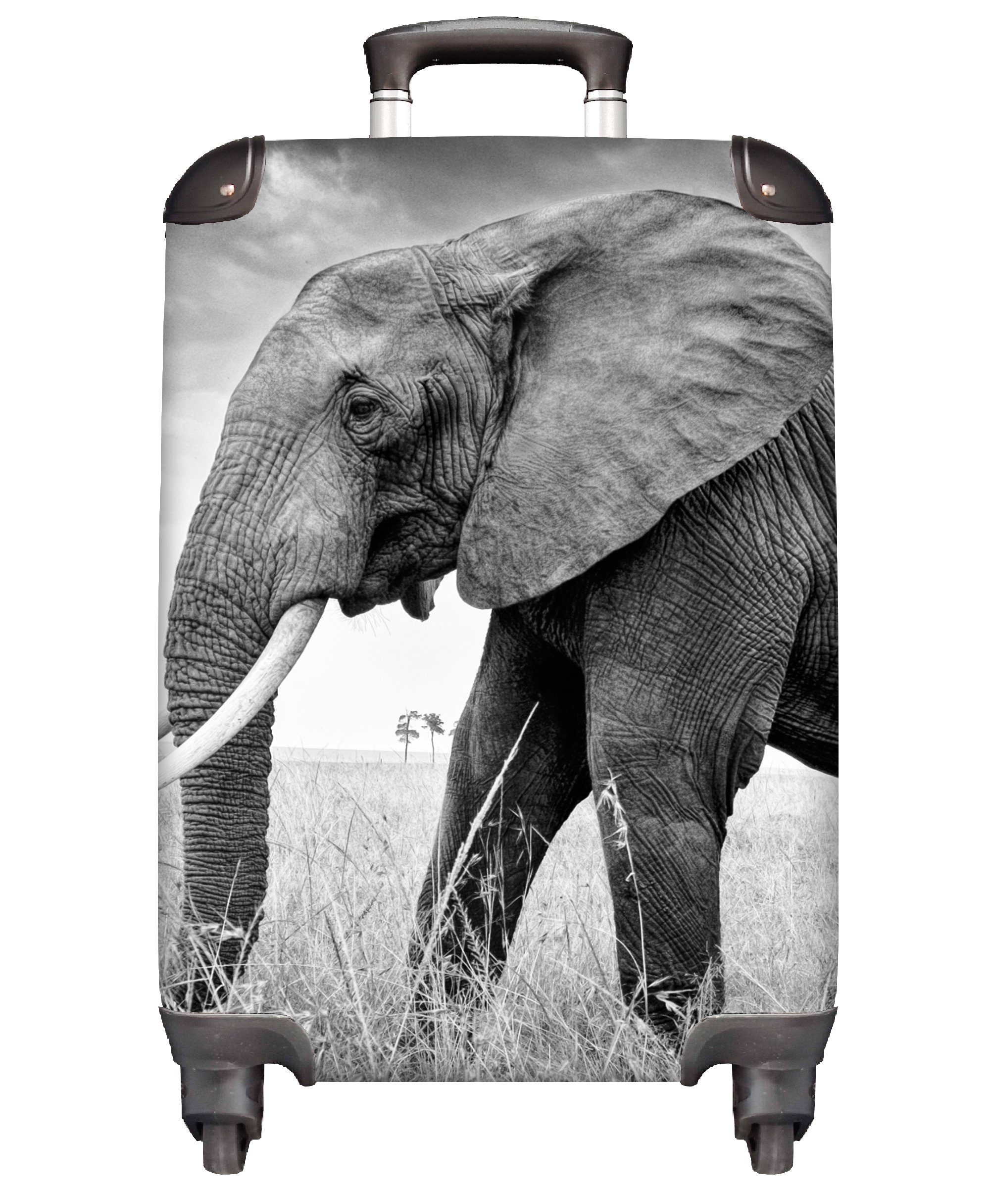 MuchoWow Handgepäckkoffer Elefant - Gras - Tiere - Schwarz und weiß, 4 Rollen, Reisetasche mit rollen, Handgepäck für Ferien, Trolley, Reisekoffer