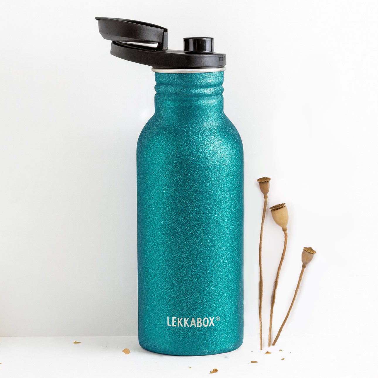 LEKKABOX Trinkflasche Edelstahl Glitzer Trinkflasche, 500ml - Kinder Sport Edelstahlflasche, Glitzer Look + Edelstahl Qualität: schön, robust & leicht.