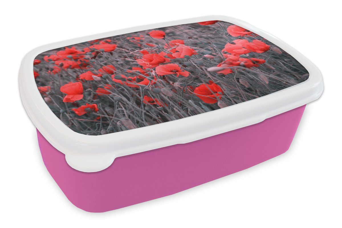 Brotdose Schwarz-Weiß-Bild, Kinder, Erwachsene, (2-tlg), Brotbox Kunststoff, Kunststoff in Rote Snackbox, rosa Mädchen, für Mohnblumen einem Lunchbox MuchoWow