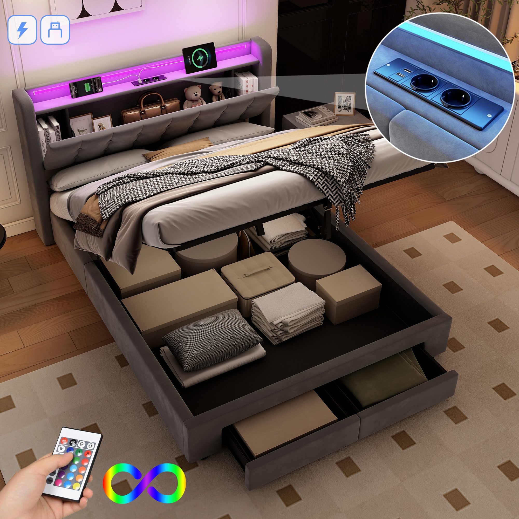 OKWISH Polsterbett mit Hydraulik, Schubladen, LED-Beleuchtung (Funktionsbett, 1-tlg., 140x200 cm, Samt, ohne Matratze), 2 Steckdosen und 2 USB-Ladeanschlüssen