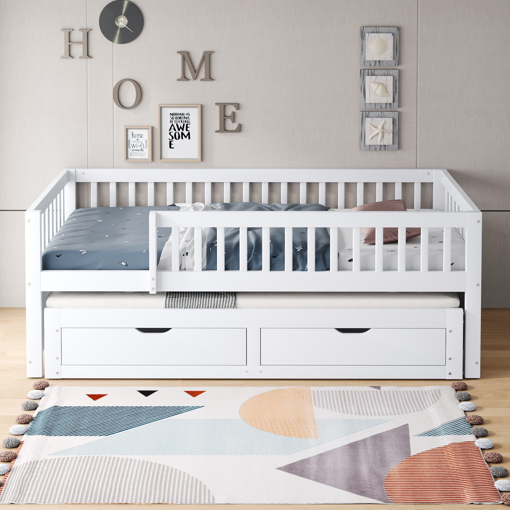 Flieks Kinderbett, Holzbett Daybett 90x200cm mit Ausziehbett 90x190cm und 2 Schubladen