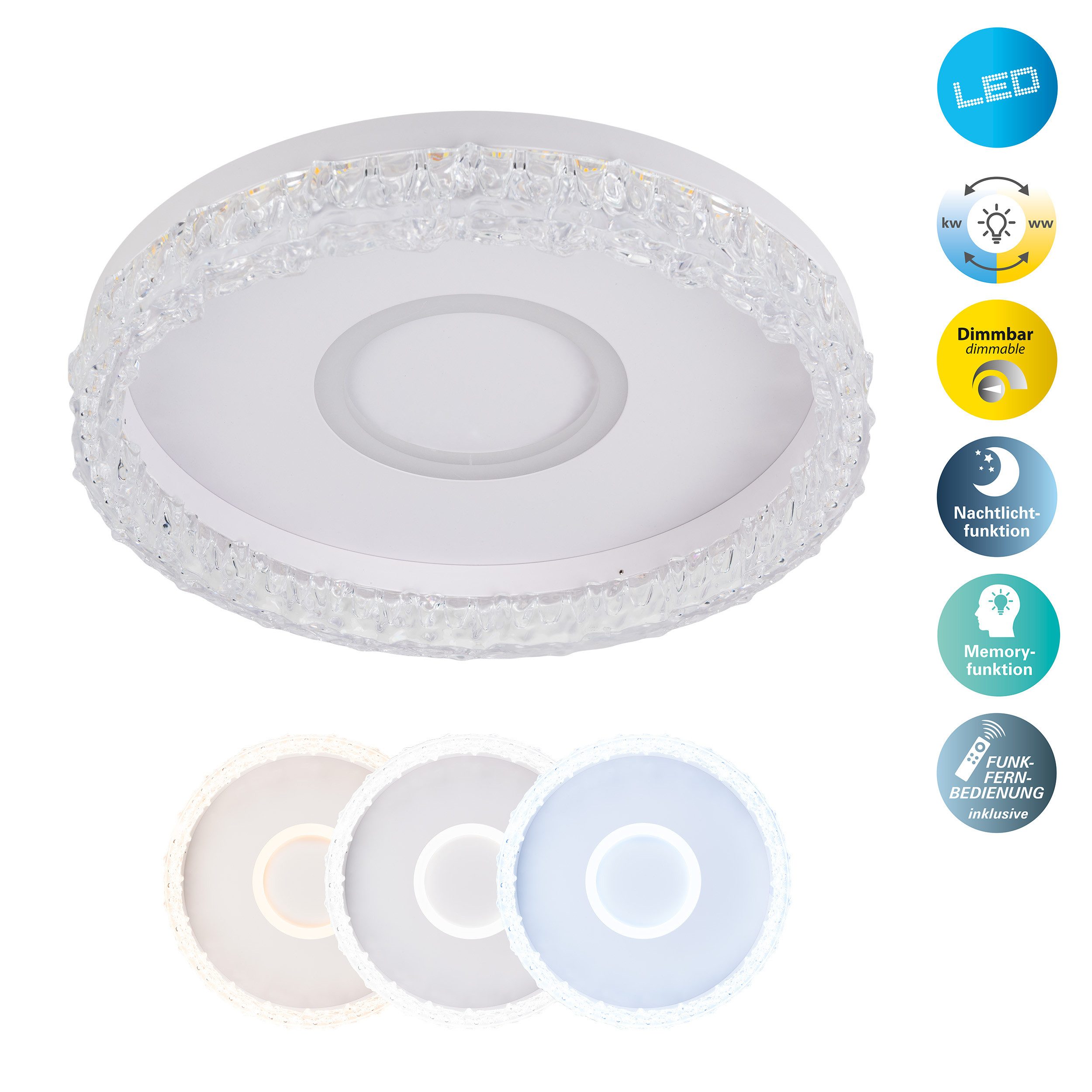 näve LED Deckenleuchte Glacira, CCT - über Fernbedienung, Dimmer, Dimmfunktion, Memoryfunktion, Nachtlichtfunktion, mehrere Helligkeitsstufen, LED wechselbar, warmweiß - kaltweiß, dimmbar, CCT, Memory, Nachtlicht, Fernbedienung