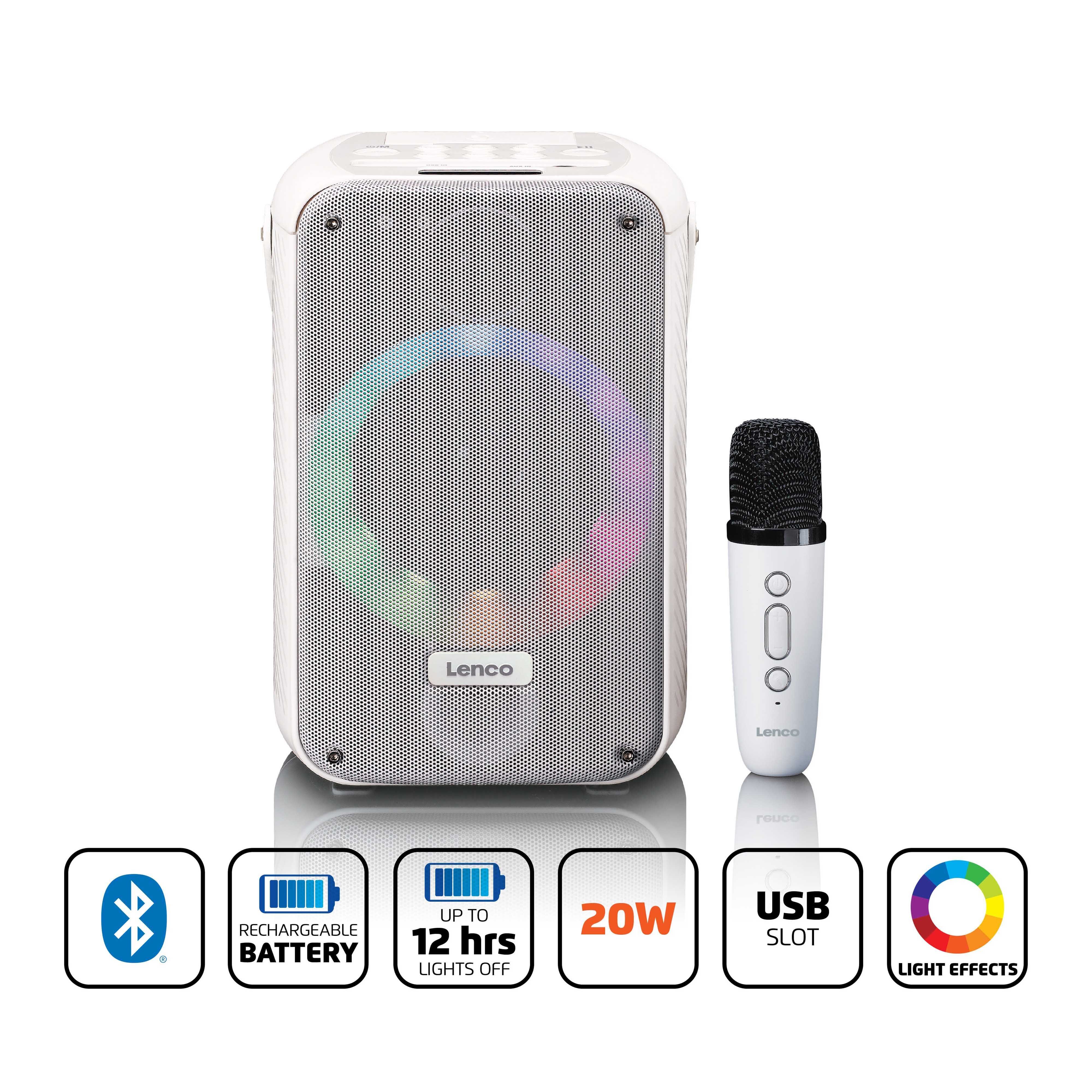 Lenco BTC-060WH Bluetooth-Lautsprecher 2.0 (Bluetooth, 20 W, Disco-LED-Lichteffekte, Bluetooth 5.2, 12h Akku & 2x 20W Lautsprecher)