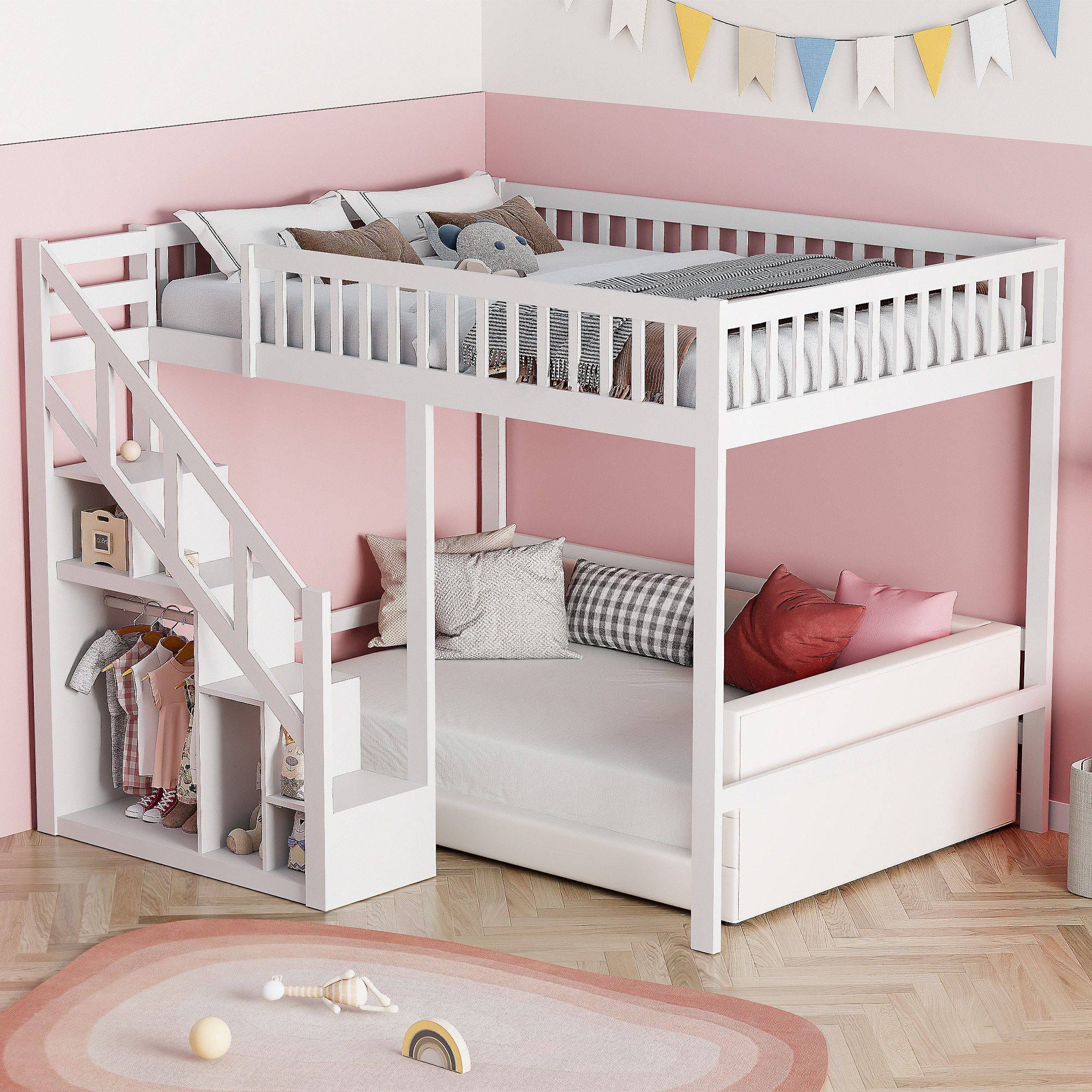 PXloue Loft Bed 90/140 x 200 Storage Bed Children's Bed Wooden Bed with Stairs, Fall Protection, Recreation Area, 90x200 cm