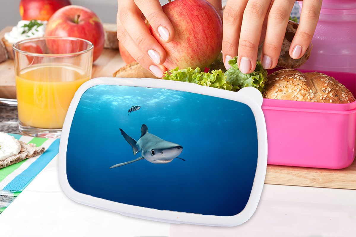 MuchoWow Lunchbox Großer Blauer Snackbox, Mädchen, Kinder, Erwachsene, Kunststoff, Kunststoff rosa Brotbox (2-tlg), Hai, Brotdose für