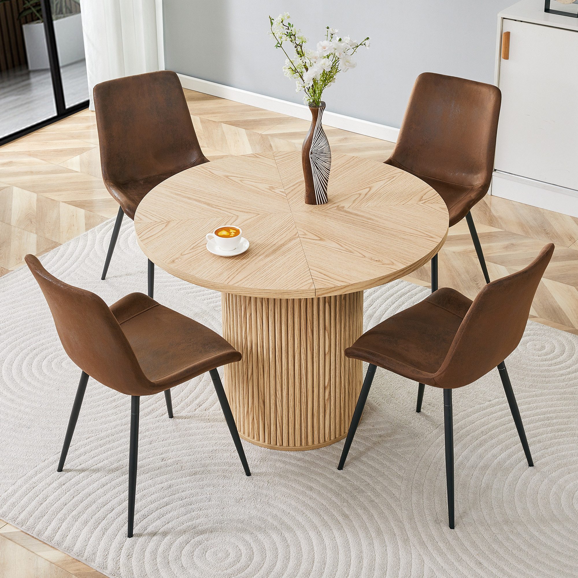 i@home Essgruppe Rundtisch-Set, (5-tlg., 1 Tisch und 4 Stühlen), Braune Stühle mit Holztisch, Tisch: Ø 100*76 cm, Stuhl: 83*42*47cm, Esstisch mit Stühlen