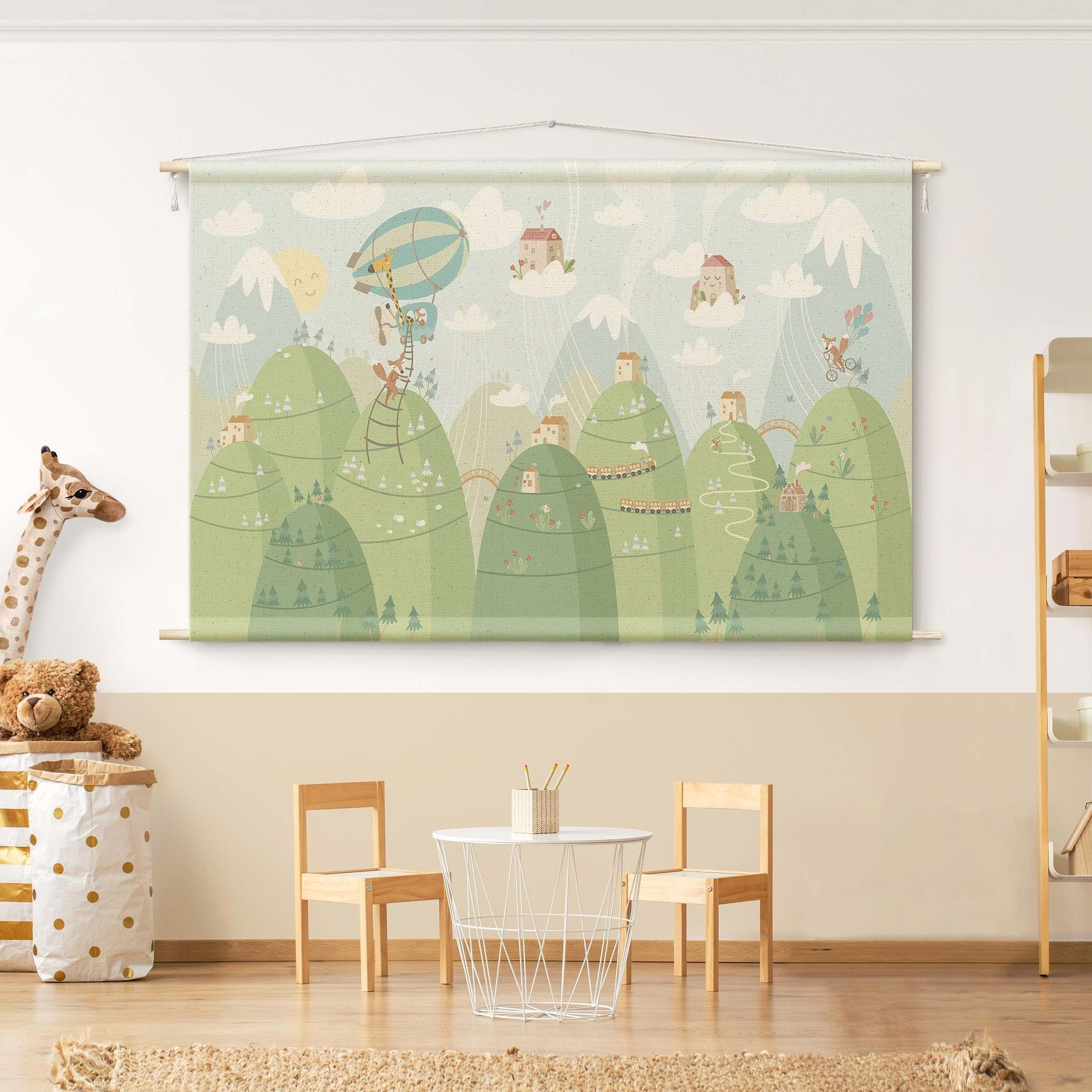 Bilderdepot24 Wandteppich Mädchenzimmer Jungenzimmer modern Tiere Giraffe grün, rechteckig, Höhe: 2.6 mm, großes Wandbild aus Natur-Baumwolle Wandbehang Stoffbild Tuch Wollseil