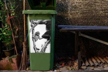 MuchoWow Wandsticker Junger Affe schaut in die Kamera - schwarz-weiß (1 St), Mülleimer-aufkleber, Mülltonne, Sticker, Container, Abfalbehälter