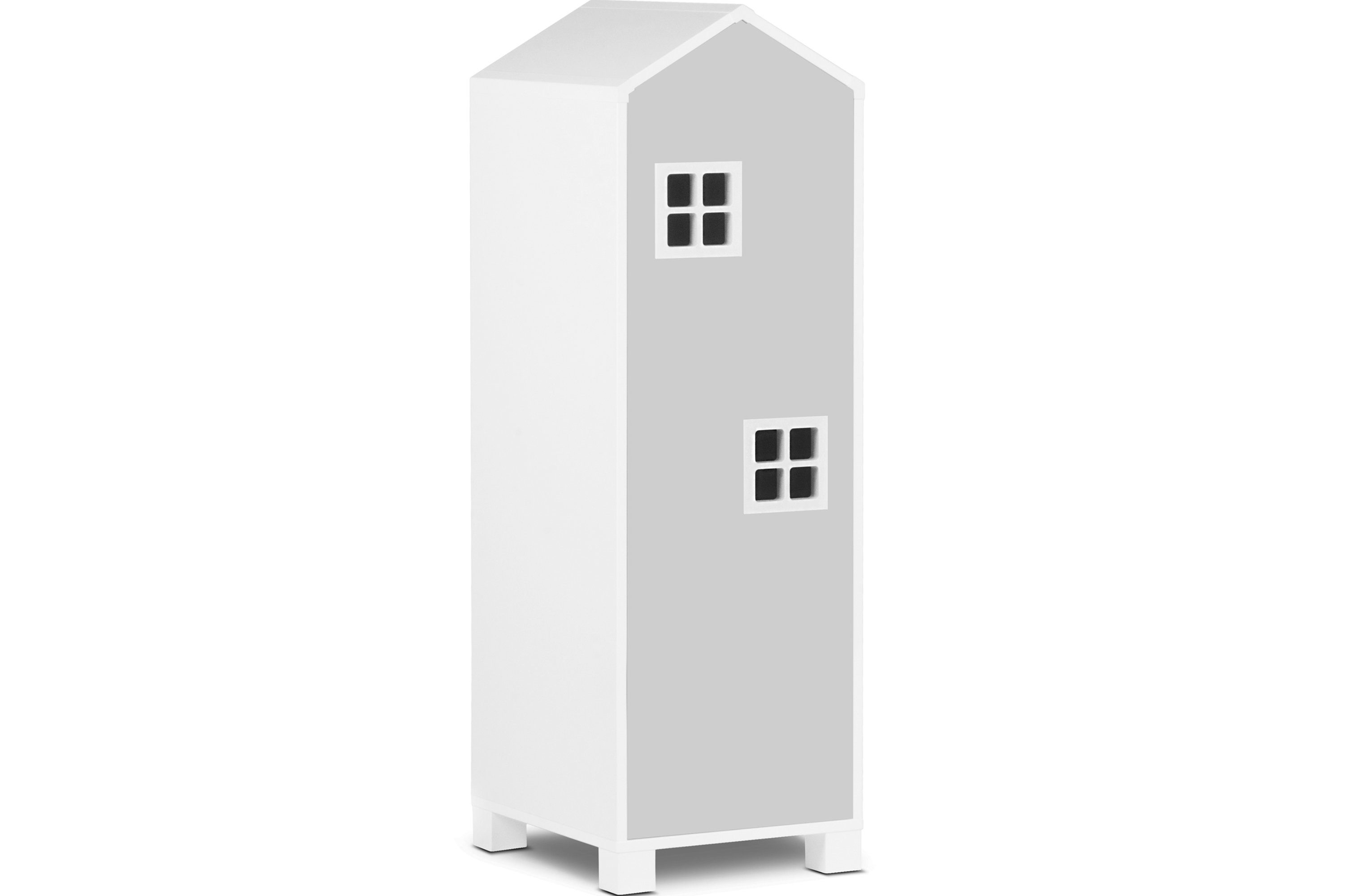 Konsimo Kinderkleiderschrank MIRUM Spielzeugschrank Drehtürenschrank Hausform Schrank 3 Einlegeböden, mit Türen, Fenster mit Grifffunktion weiß / grau