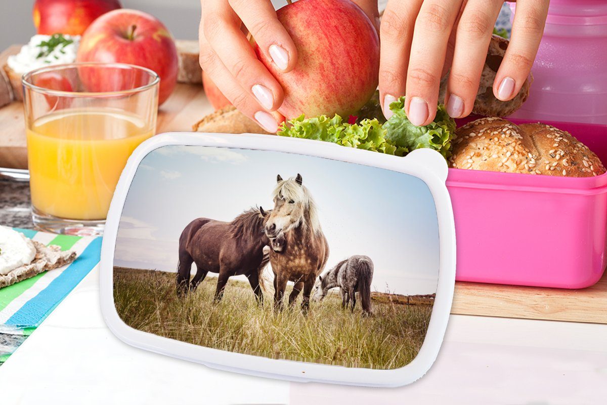 - (2-tlg), Lunchbox Gras Kunststoff, Brotdose MuchoWow Mädchen, Kinder, Pferde rosa Snackbox, für Frühling, - Kunststoff Erwachsene, Brotbox