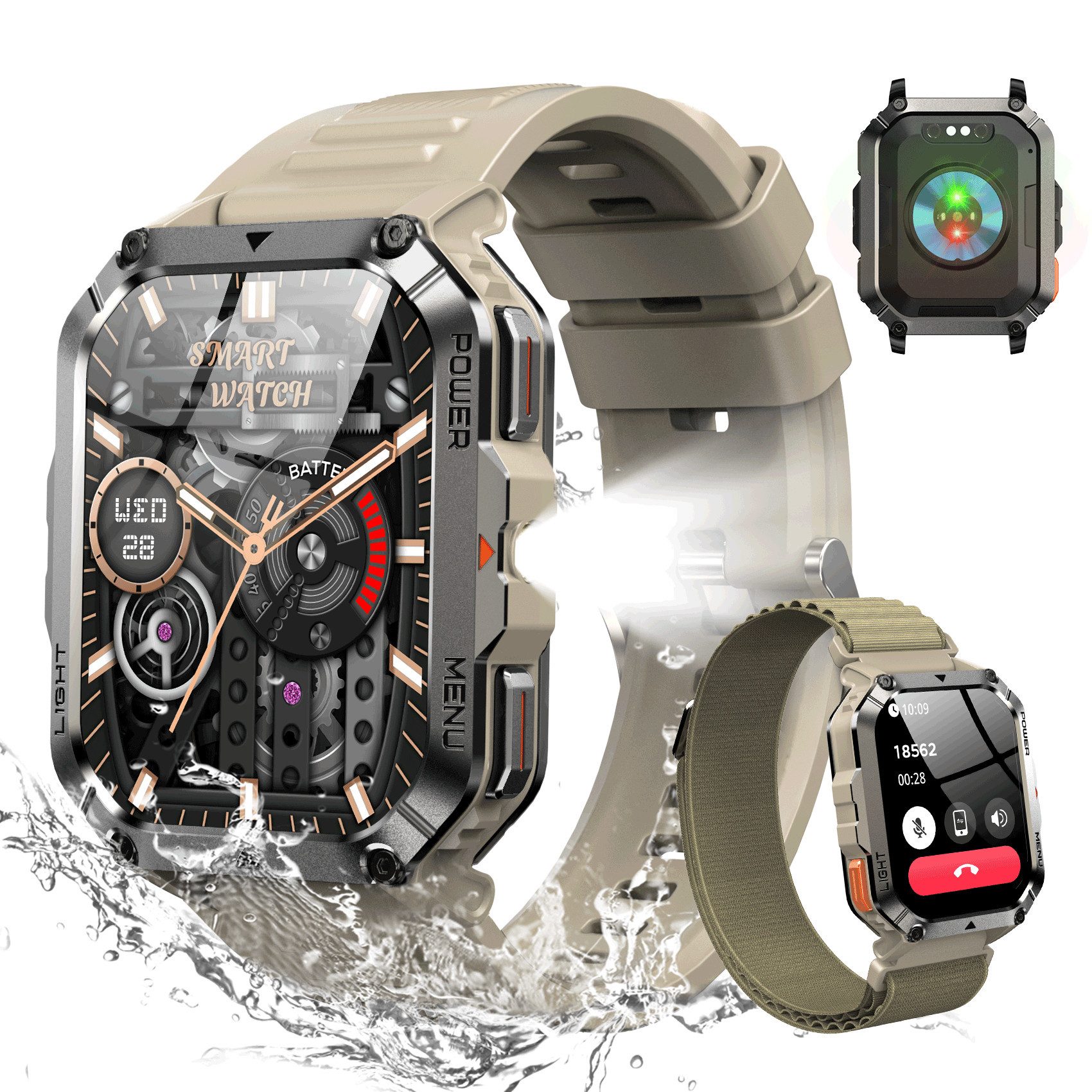 blackview Militär-Smartwatch Herren mit 900mAh Akku/LED-Taschenlampe/Kompass/SOS Smartwatch (2.01 Zoll, iOS/Android), 2×Riemen (Silikonband + gewebtes Band) 1×magnetisches Ladekabel, Herzfrequenz,SpO₂& Schlafüberwachung,100+ Sportmodi,Schrittzähler,IP68