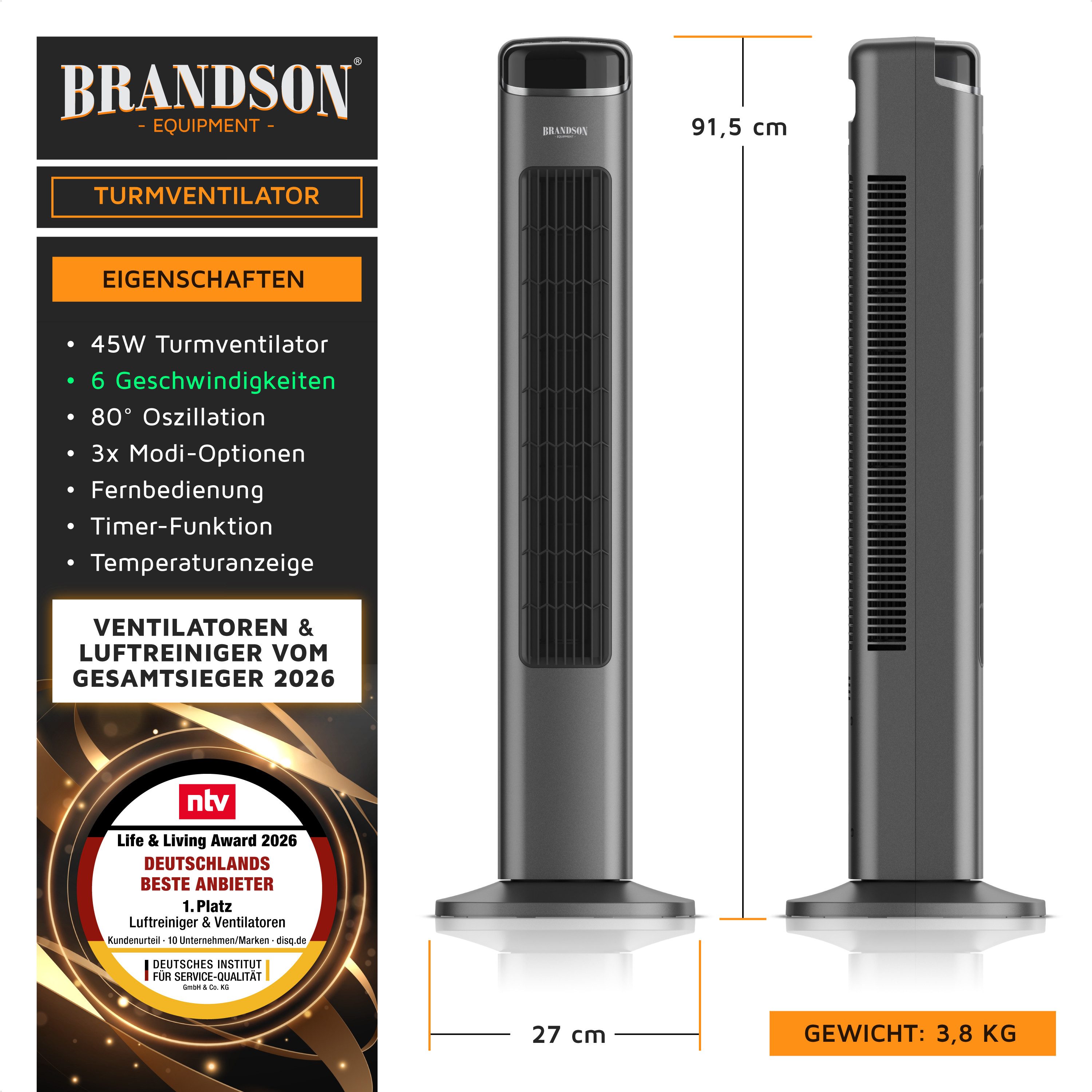 Brandson Turmventilator mit Fernbedienung, leiser Lüfter, Sieger Life & Living Award 2026, Timer, Oszillation, 6 Geschwindigkeitsstufen, Display, Nacht Modus
