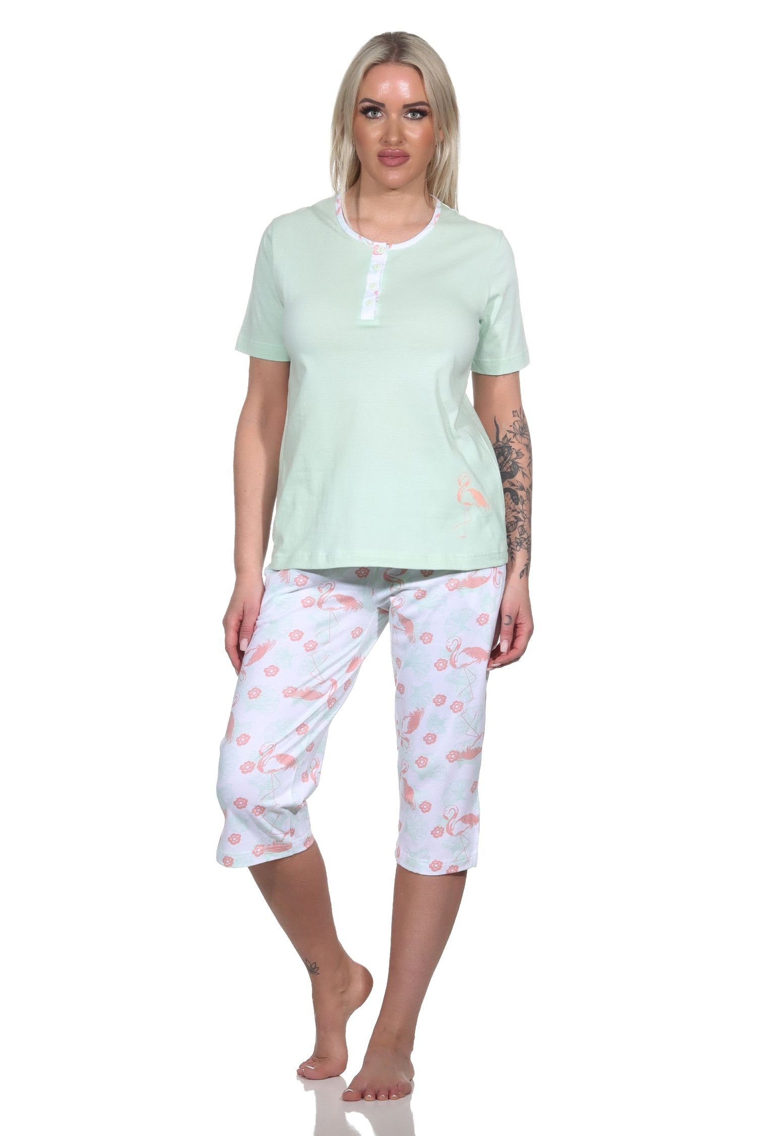Normann Pyjama Damen Capri Schlafanzug kurzarm Pyjama mit Flamingo Motiv grün