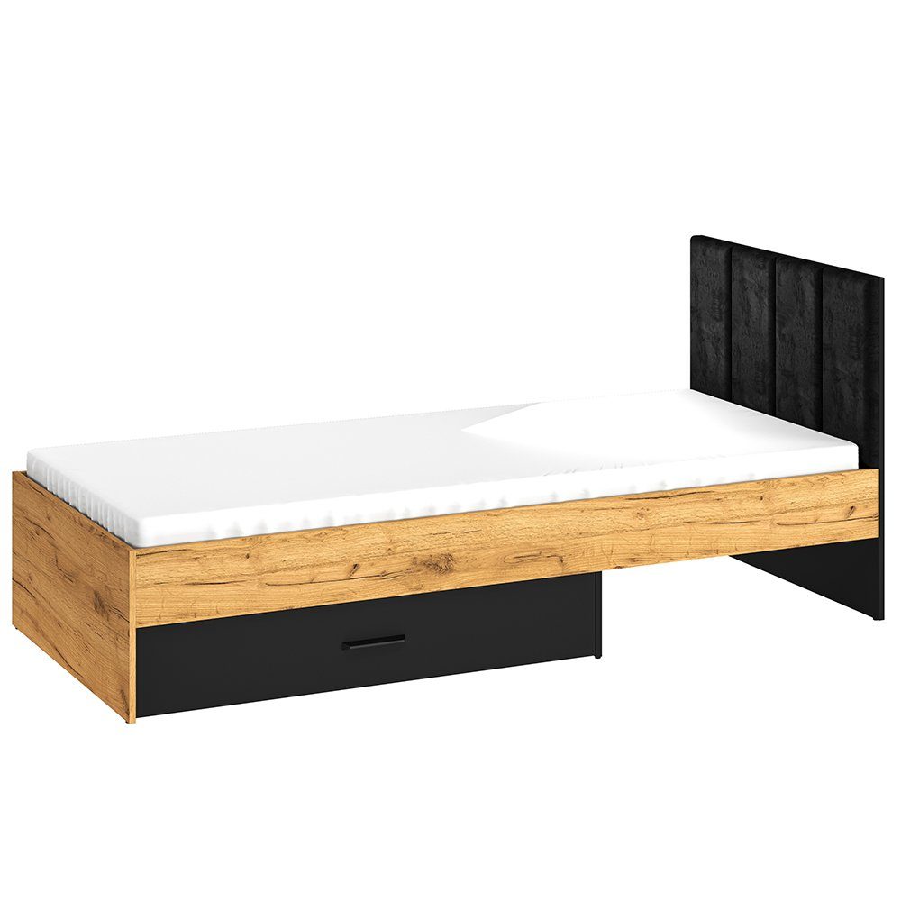 Lomadox Bettgestell CASPER-131, 90x200cm, Velours-Kopfteil, schwarz mit Eiche