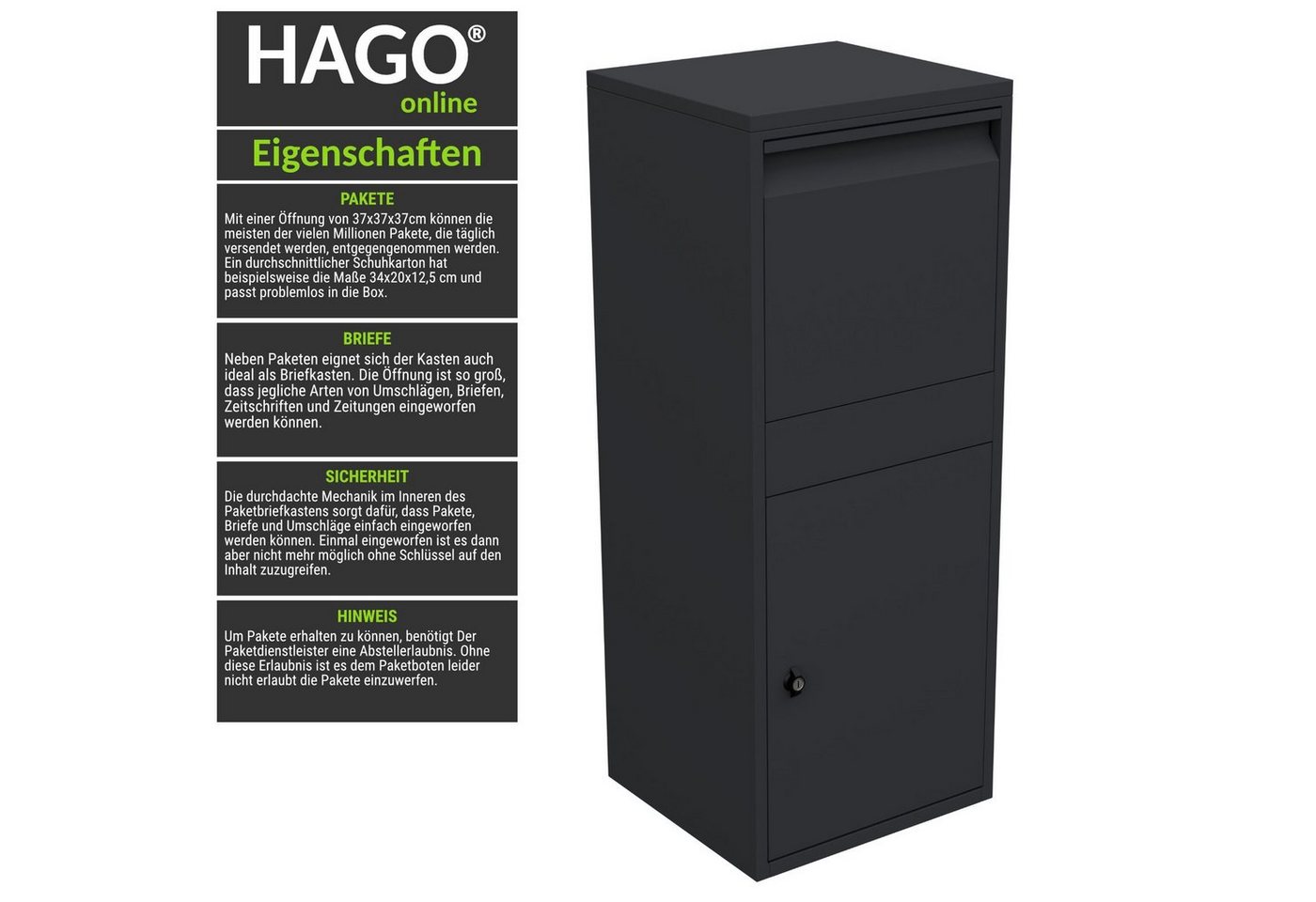 Thumbnail - HAGO Briefkasten HAGO24 Paketbriefkasten mit Paketbox Anthrazit sicherer Briefkasten