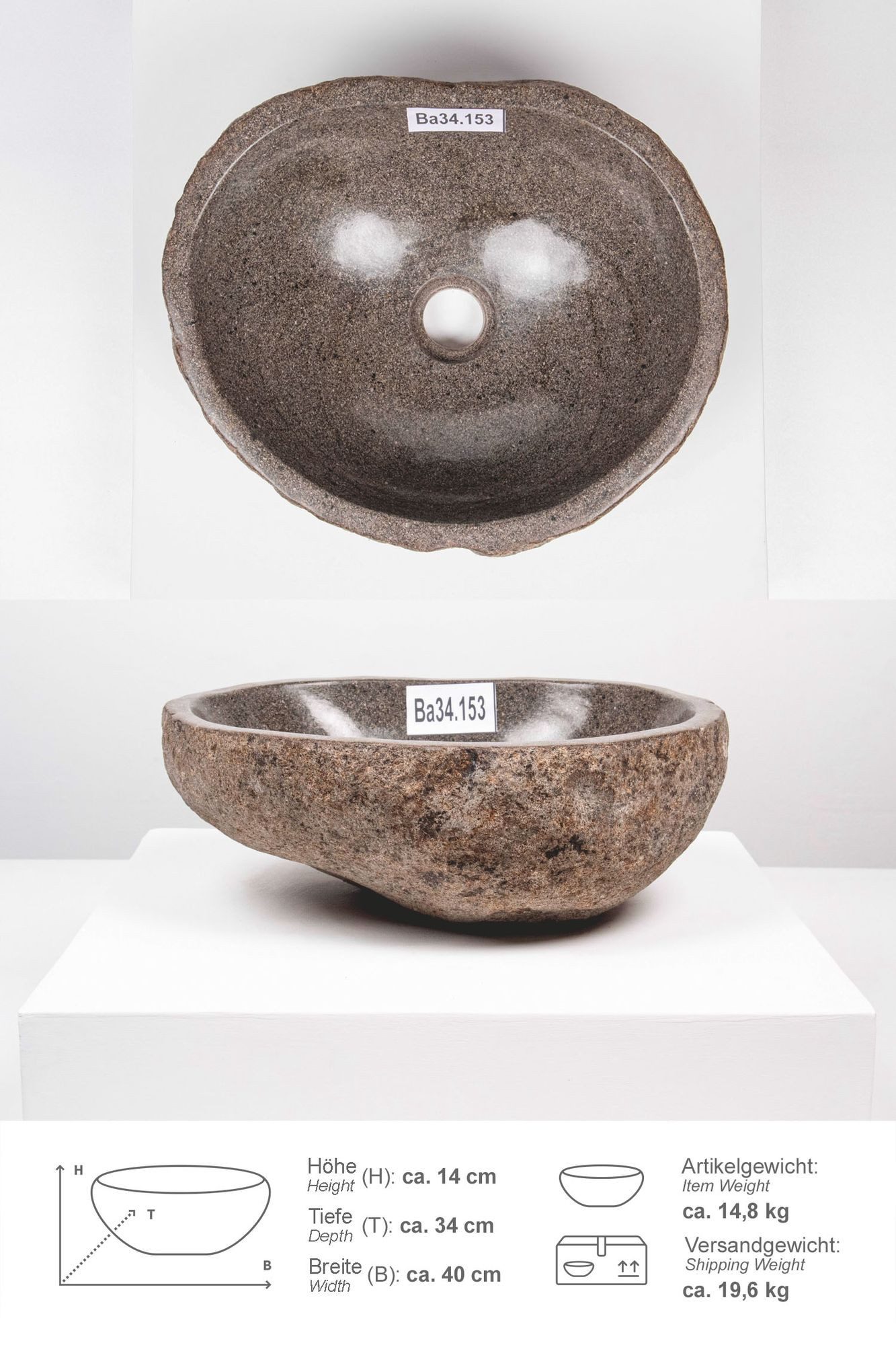 wohnfreuden Aufsatzwaschbecken Naturstein Waschbecken 40 cm (Kein Set), 210_Ba34.153