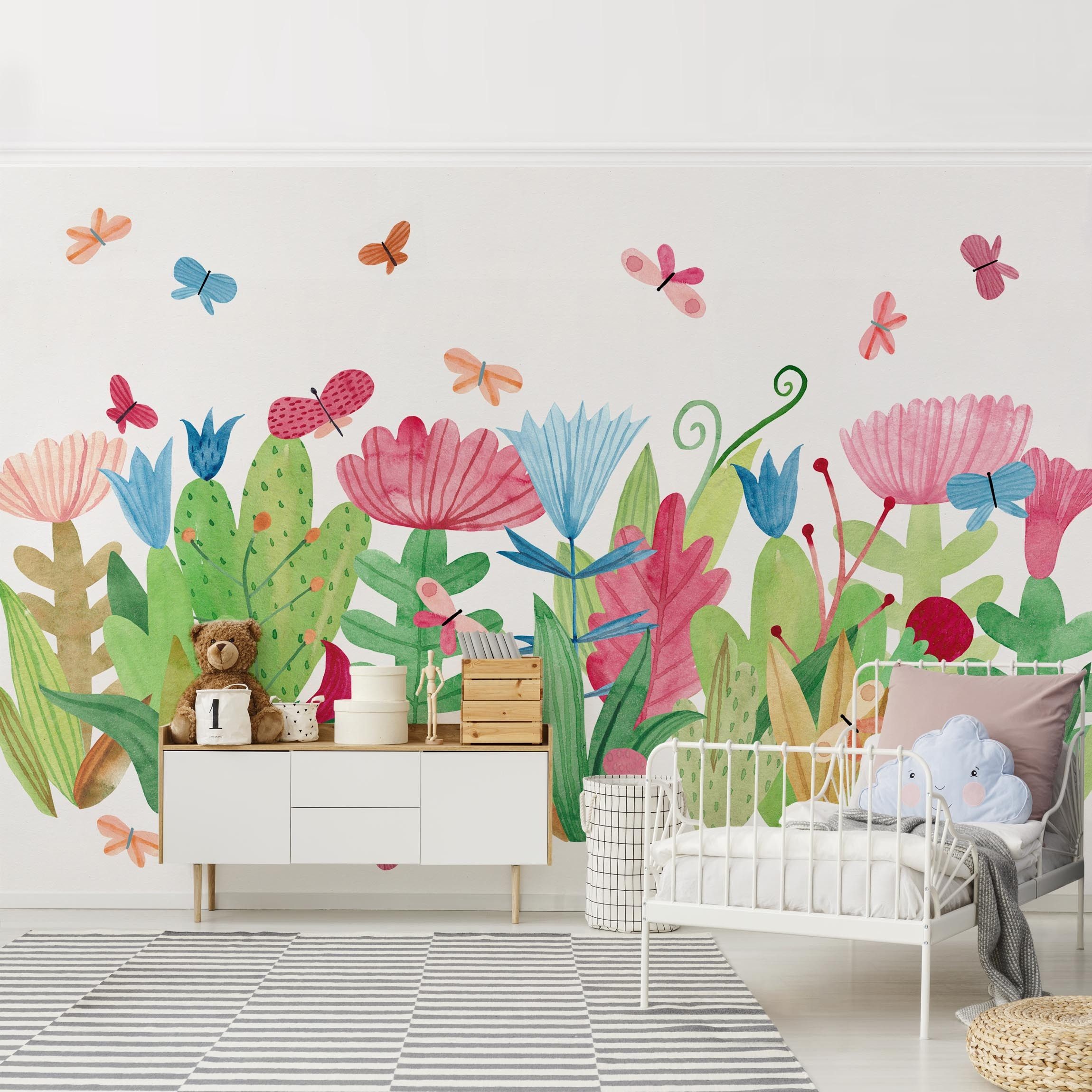 Bilderdepot24 Kindertapete Aquarell Blumengarten Kinderzimmer Muster, Glatt, Matt, (Vliestapete inkl. Kleister oder selbstklebend), Mädchenzimmer Jungenzimmer Babyzimmer Bildtapete Fototapete Wandtapete
