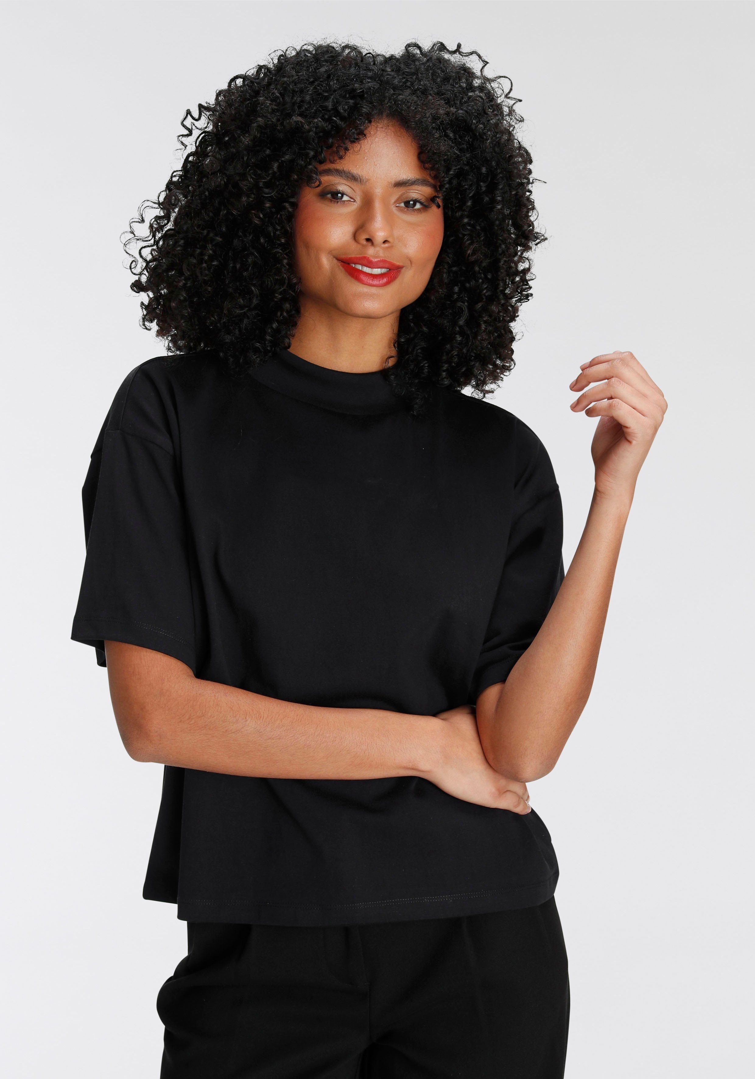 modisch AJC breitem Oversize-Shirt mit schwarz Rippen-Rundhalsausschnitt