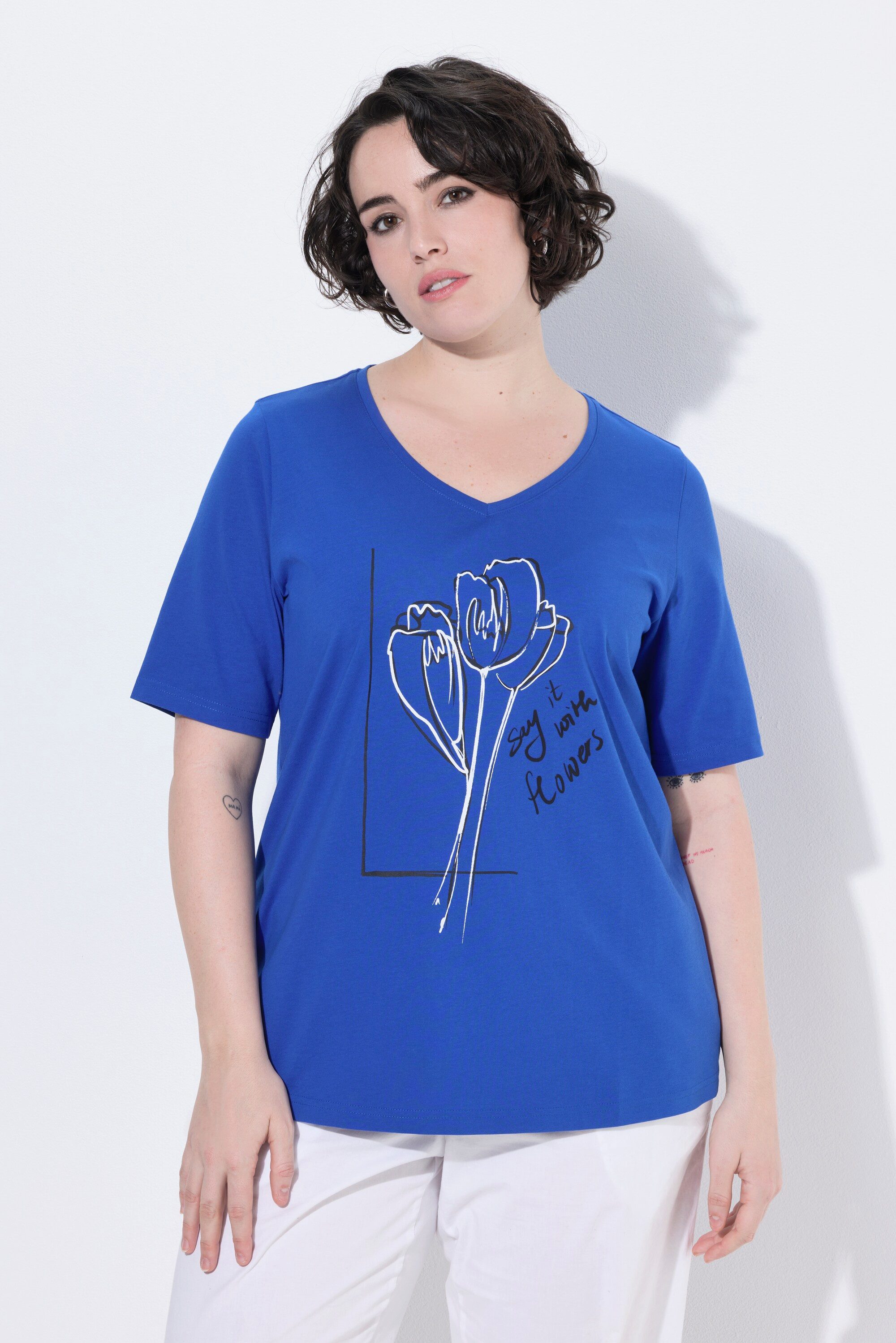 Ulla Popken T-Shirt T-Shirt Blumen Classic V-Ausschnitt Halbarm