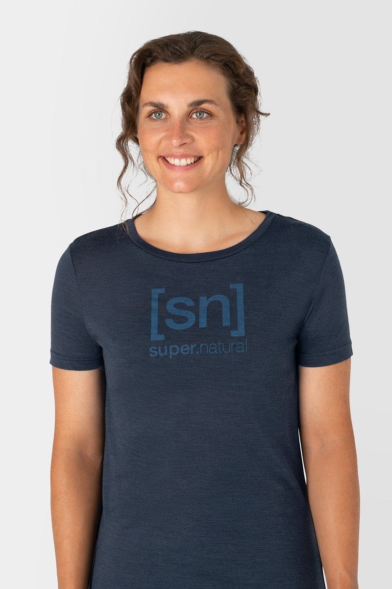 Iris ESSENTIAL TEE W SUPER.NATURAL Print-Shirt T-Shirt Merino LOGO Iris Merino-Materialmix pflegeleichter Blue Melange/Blue THE