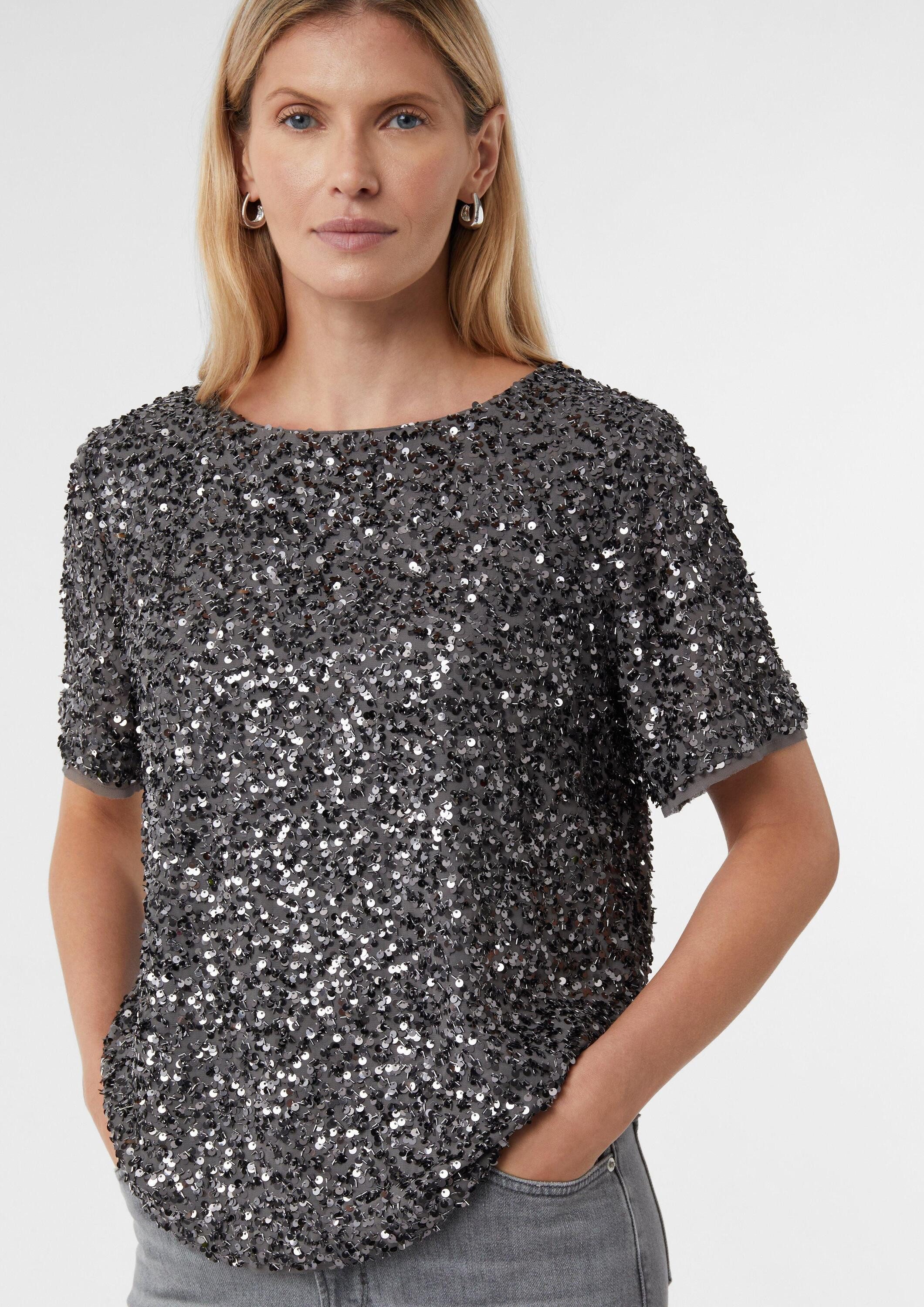 comma Kurzarmbluse Bluse Blusenshirt mit Pailletten